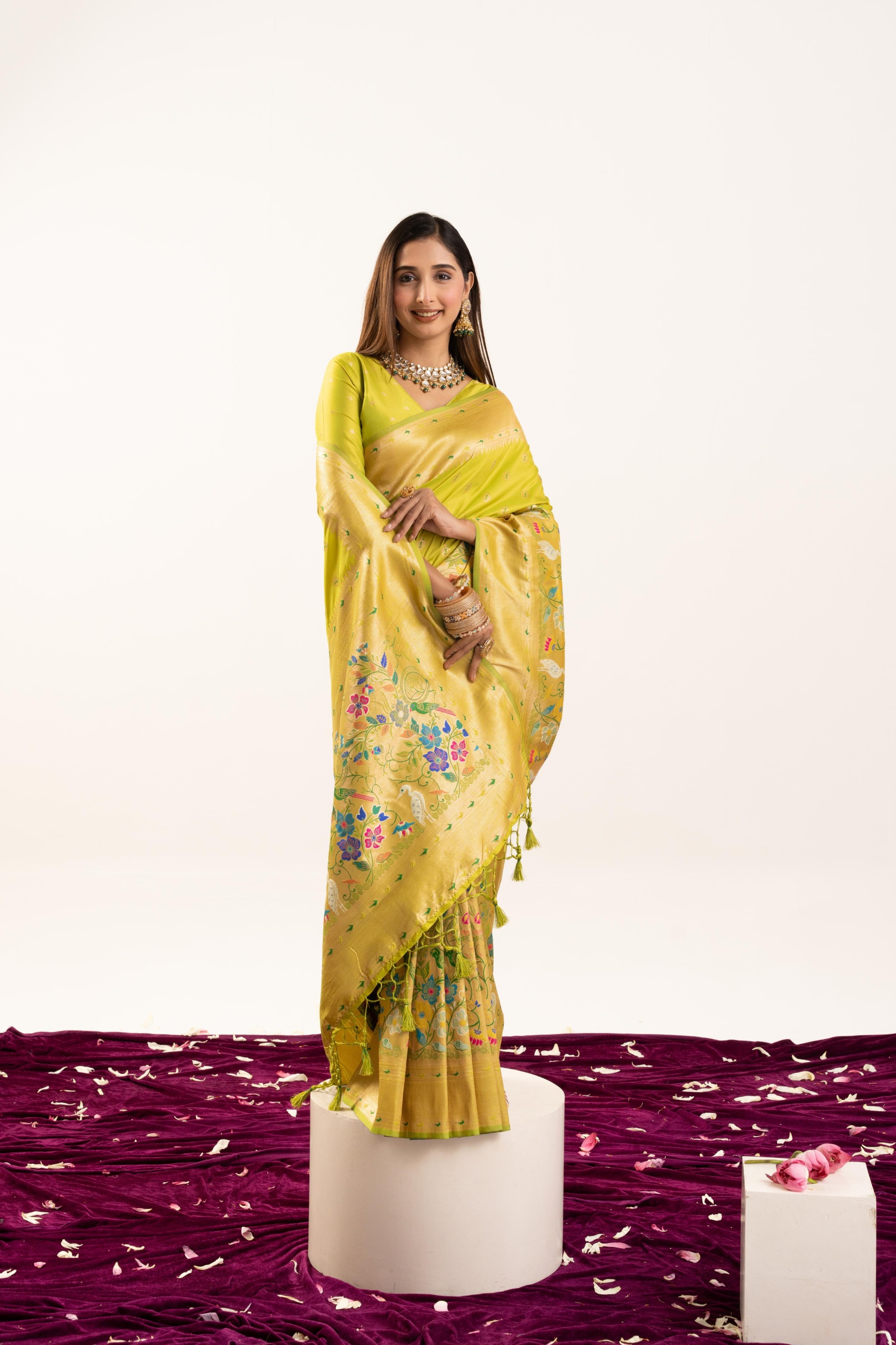 Pista Banarasi Silk Woven Meenakari Paithani Saree