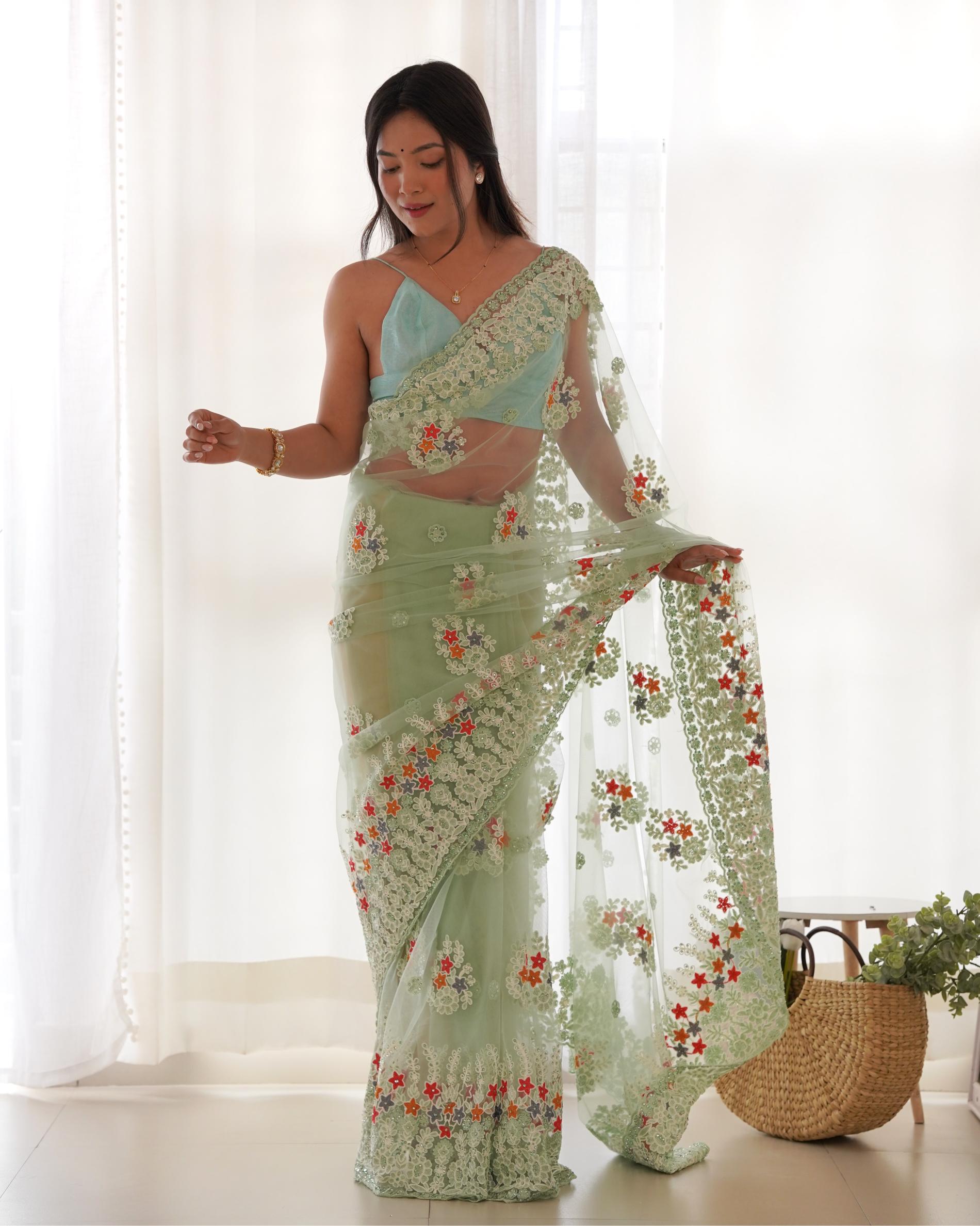Pista Butterfly Net Saree