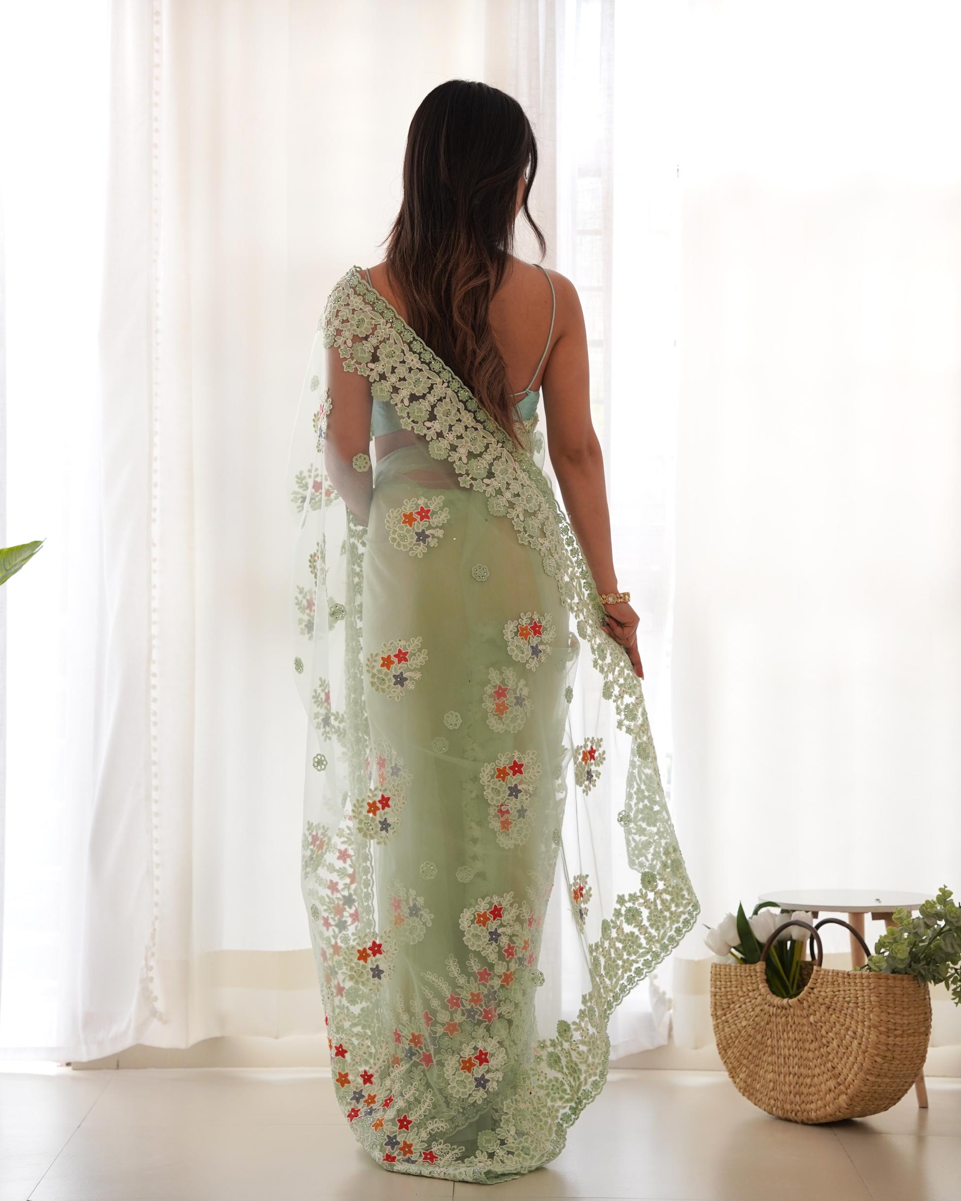 Pista Butterfly Net Saree — alternate view