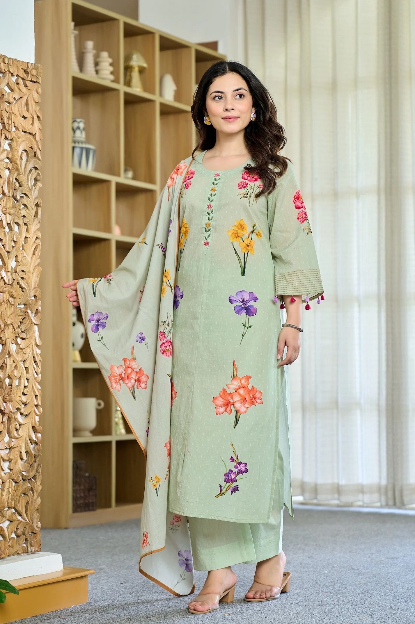 Pista Chanderi Printed Straight Kurta Set