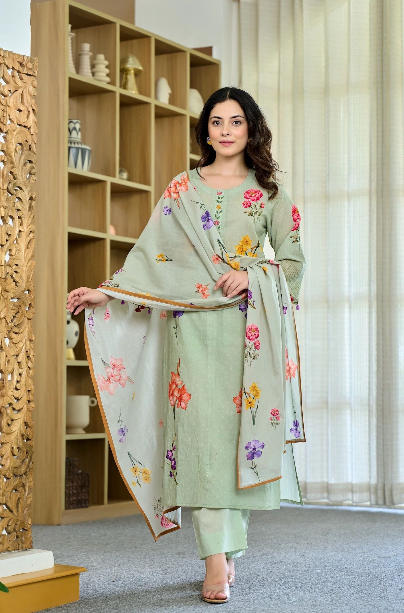 Pista Chanderi Printed Straight Kurta Set