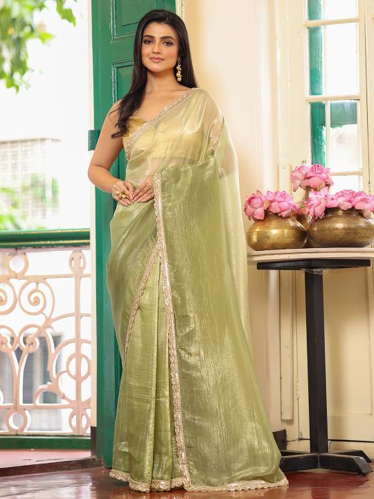 Pista Chiffon Saree with Embroidery Work