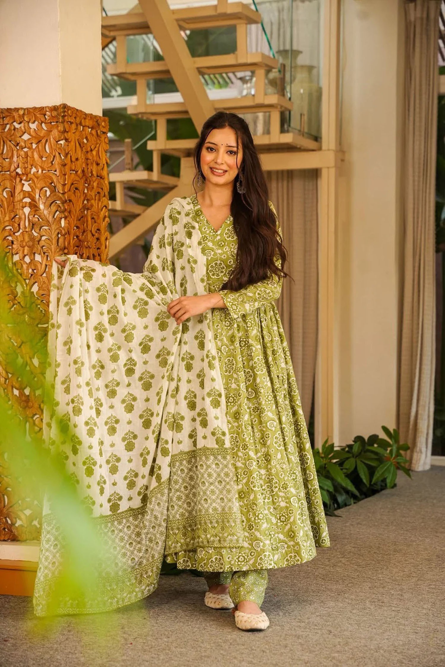 Pista Cotton Silk Digital Printed Panelled Anarkali Suit