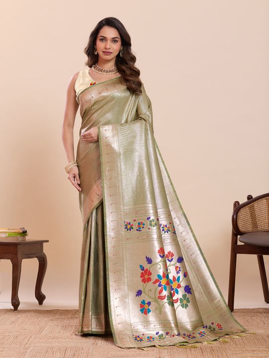 Pista Cream Soft Silk Zari Designer Saree