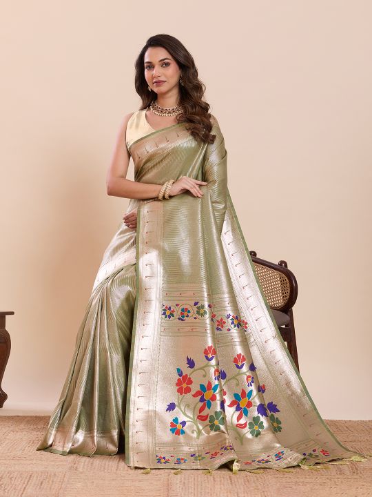 Pista Cream Soft Silk Zari Designer Saree