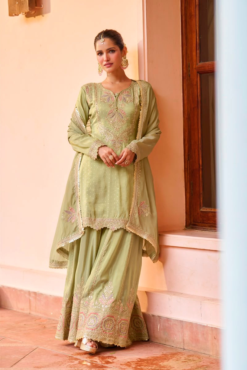 Pista Designer Embroidery Chinon Palazzo Suit