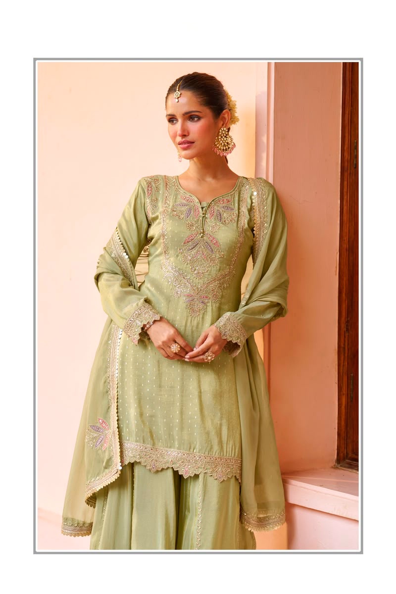 Pista Designer Embroidery Chinon Palazzo Suit