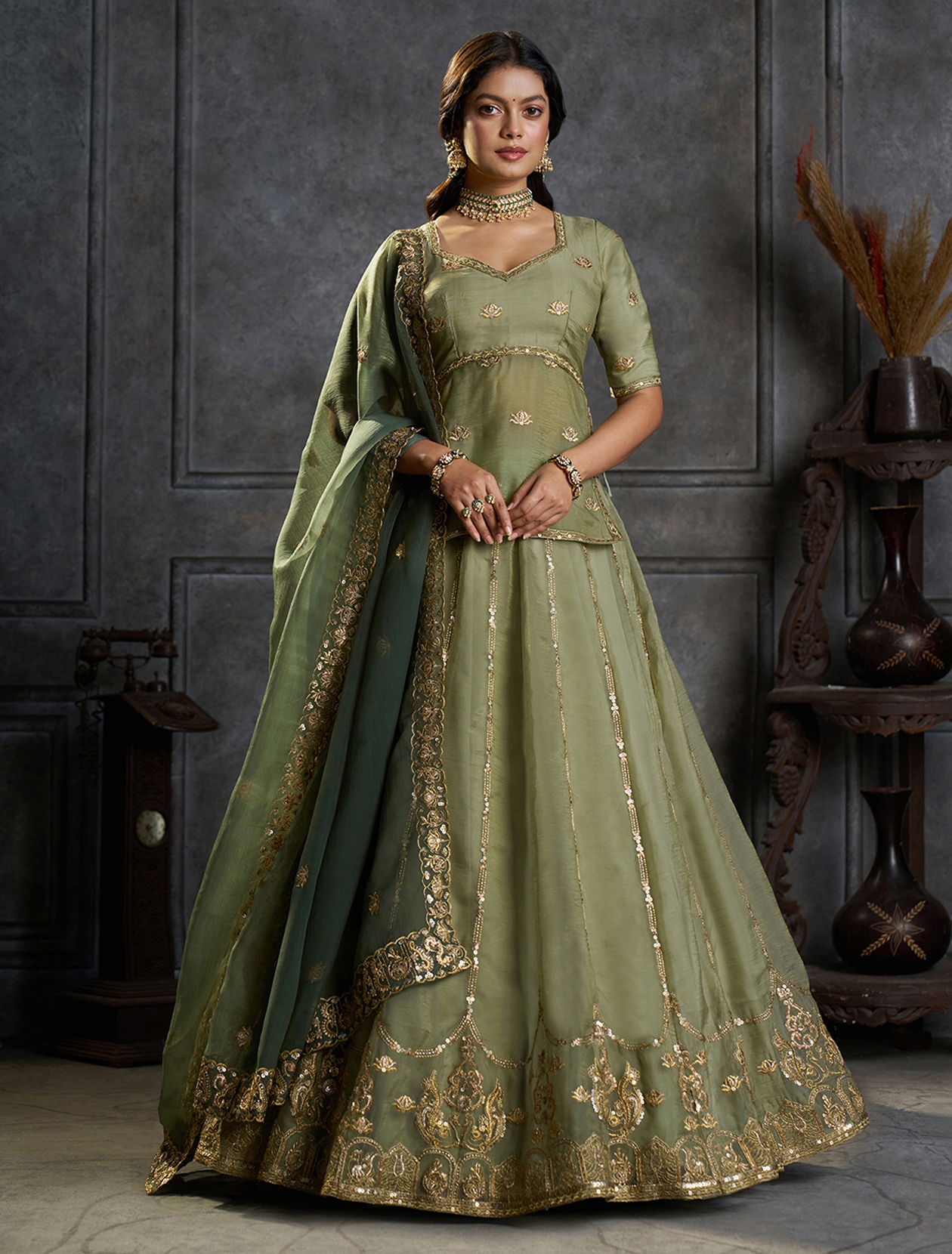 Pista Designer Embroidery Organza Lehenga Choli