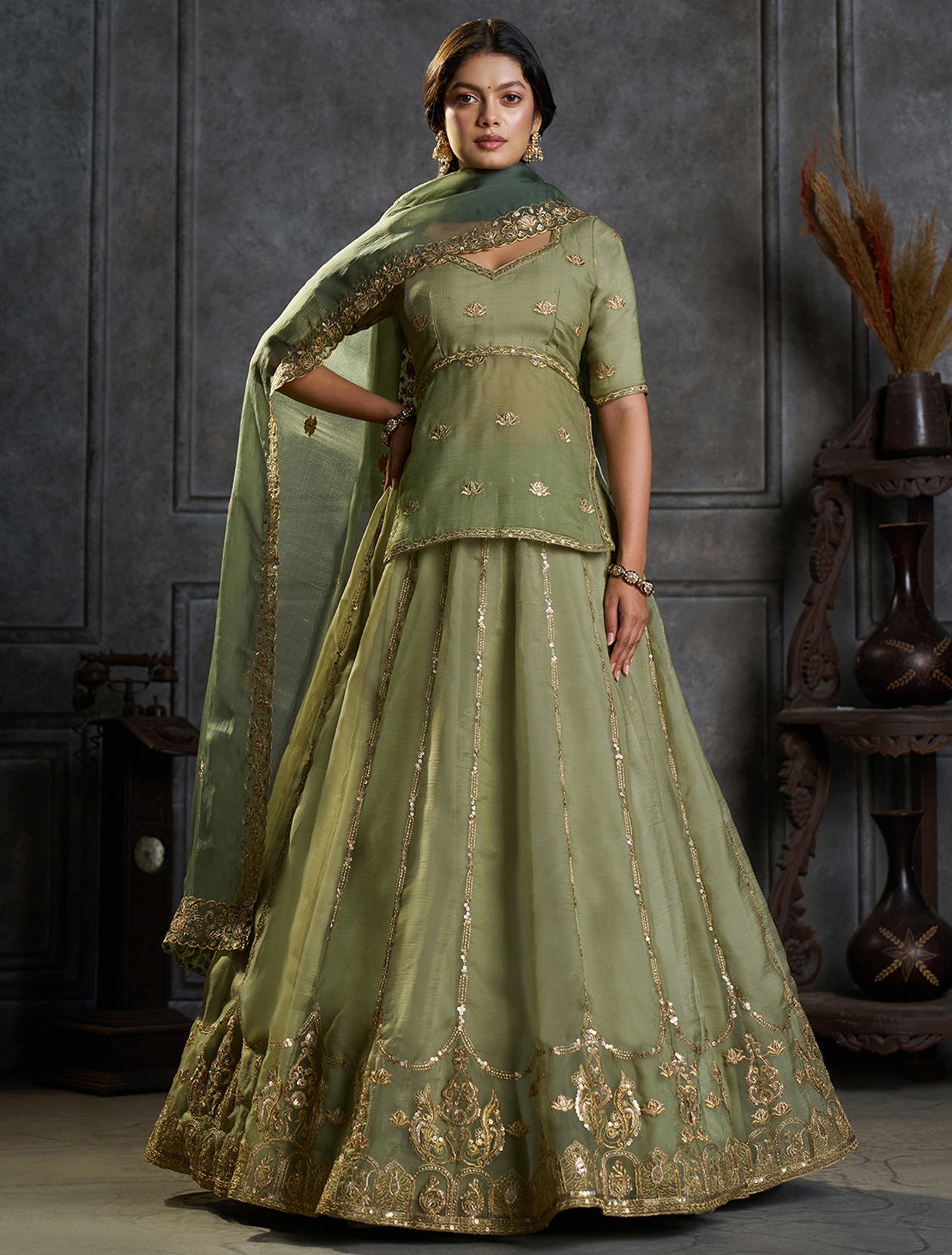 Pista Designer Embroidery Organza Lehenga Choli