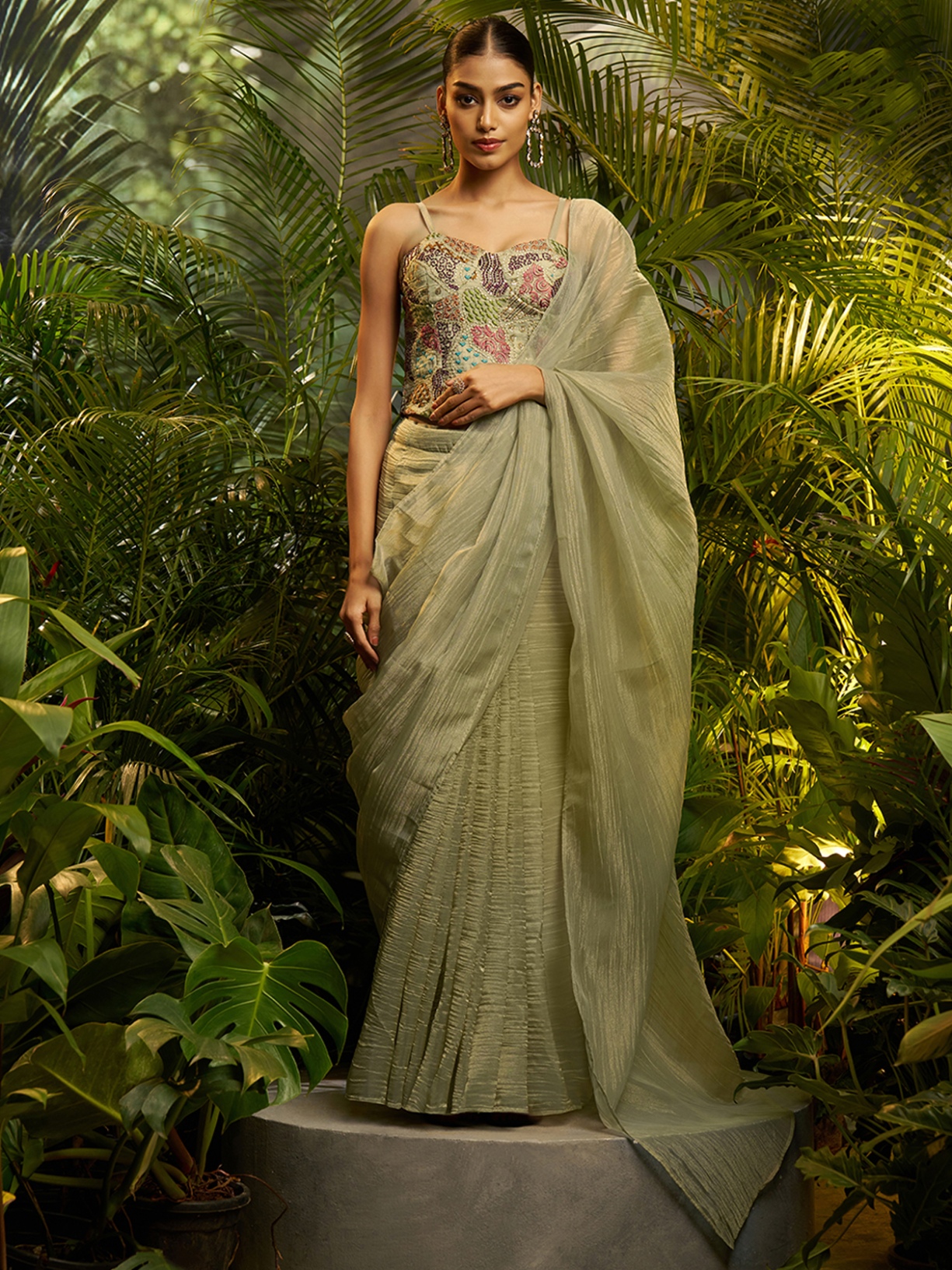 Pista Designer Embroidery Tissue Ready To Wear Saree