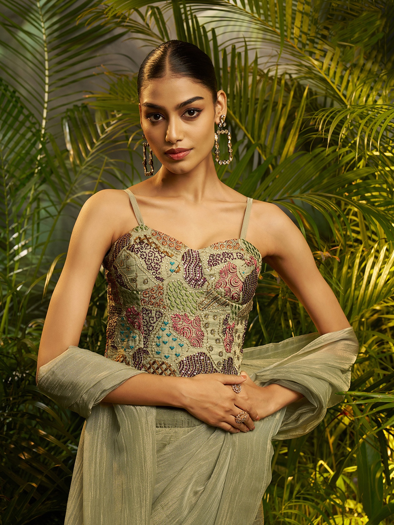 Pista Designer Embroidery Tissue Ready To Wear Saree