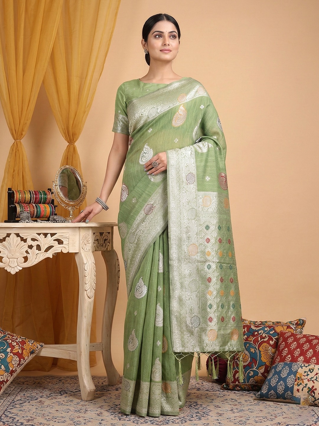 Pista Elegant Woven Linen Cotton Saree