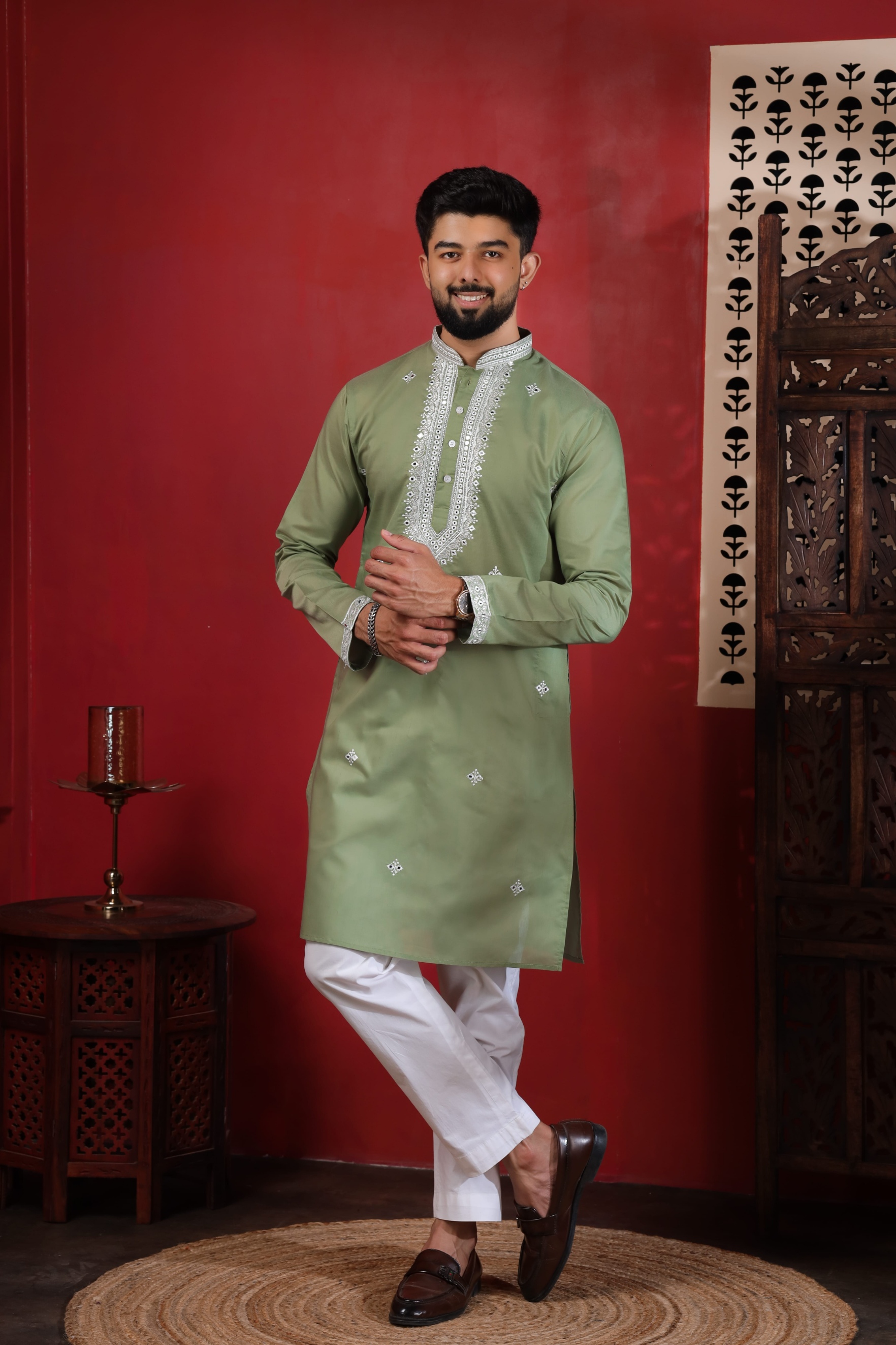 Pista Embroidered Cotton Kurta Pyjama