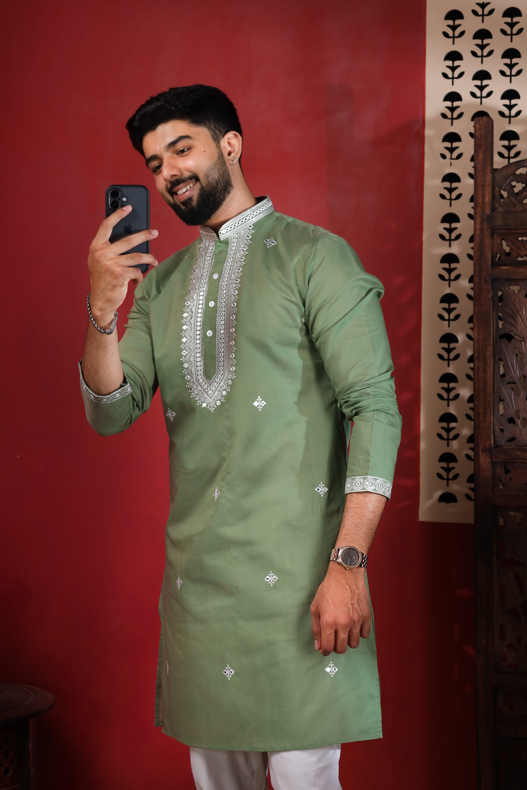 Pista Embroidered Cotton Kurta Pyjama