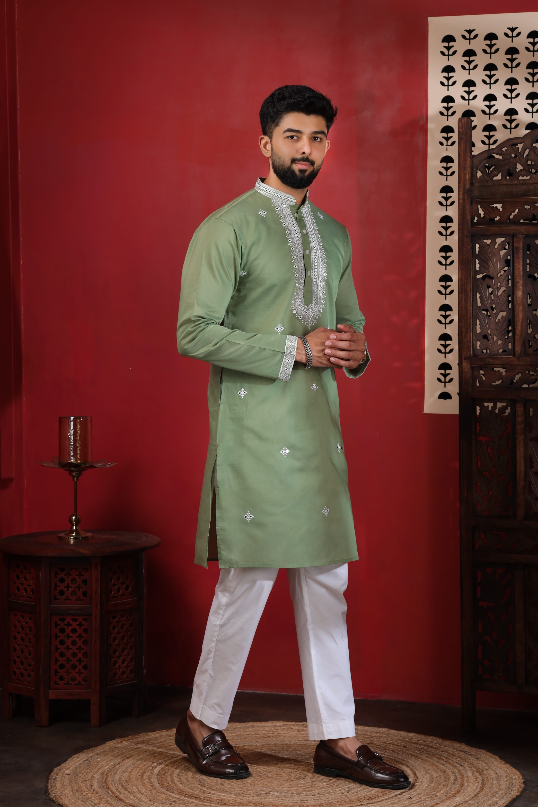 Pista Embroidered Cotton Kurta Pyjama