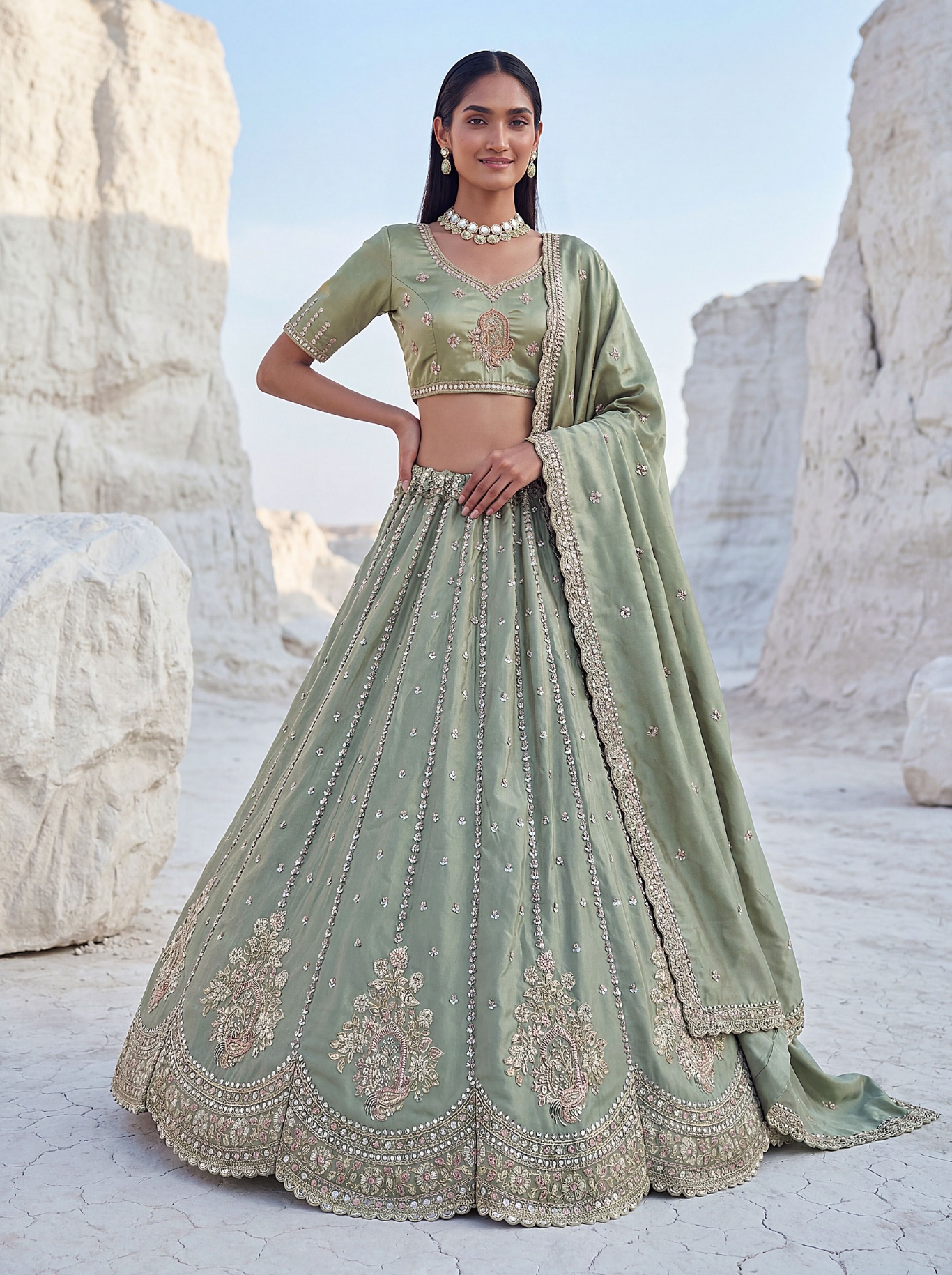 Pista Embroidered Silk Designer Lehenga