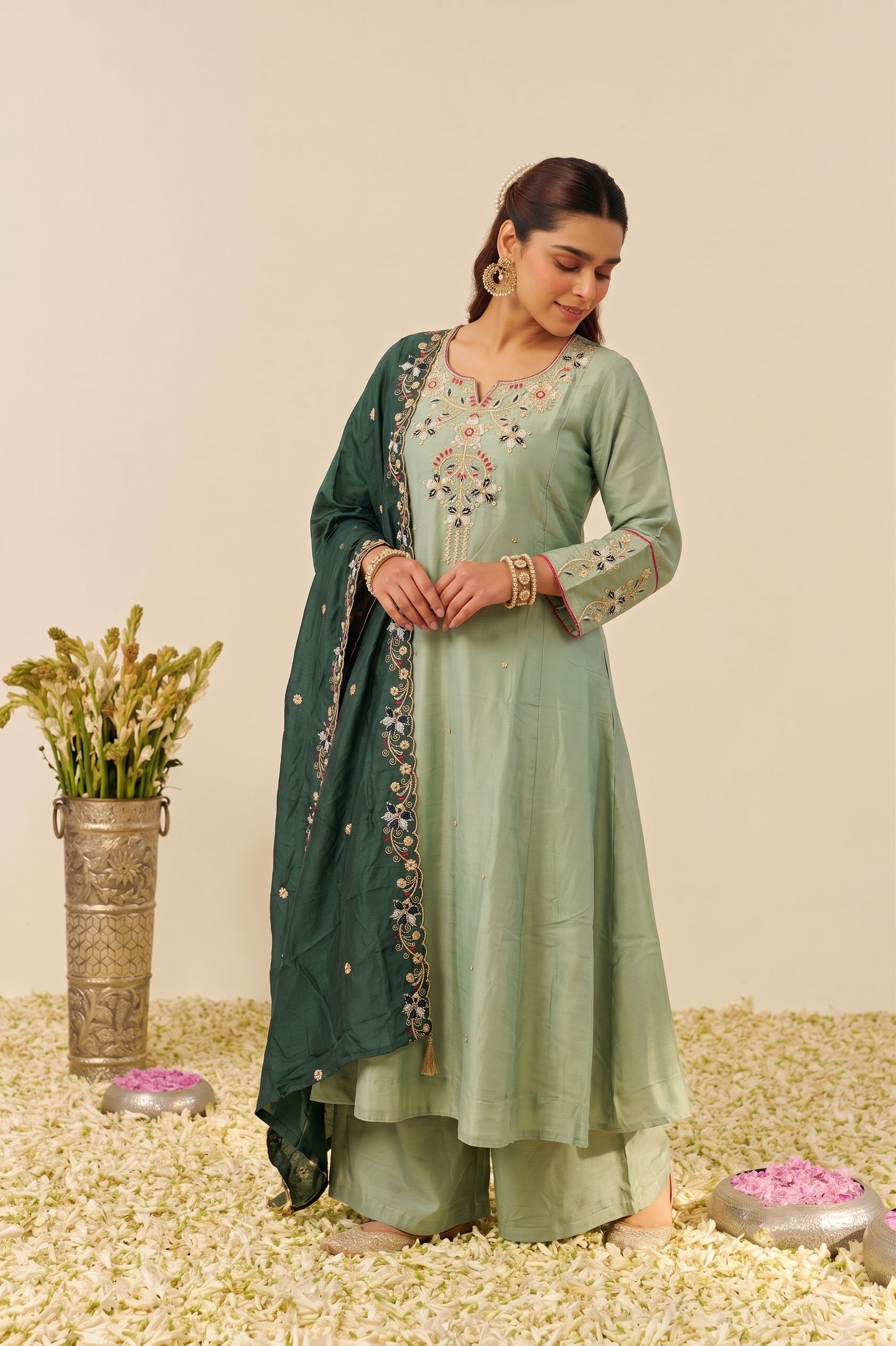 Pista Embroidered Simmer Silk Anarkali Suit