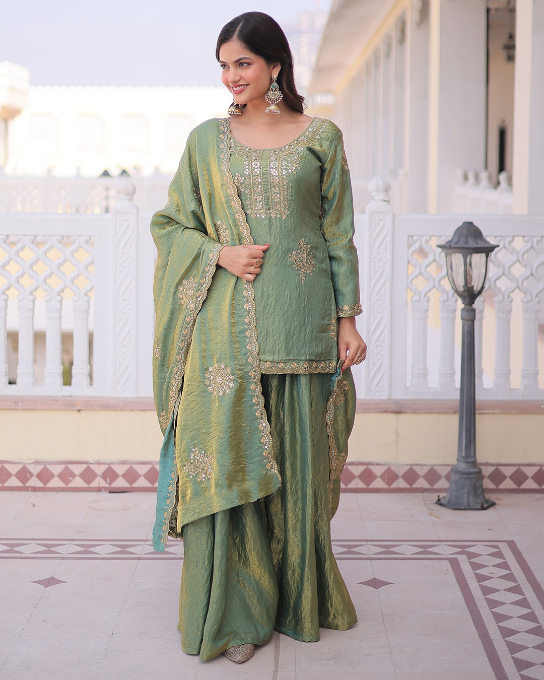 Pista Embroidered Vichitra Kurta Set