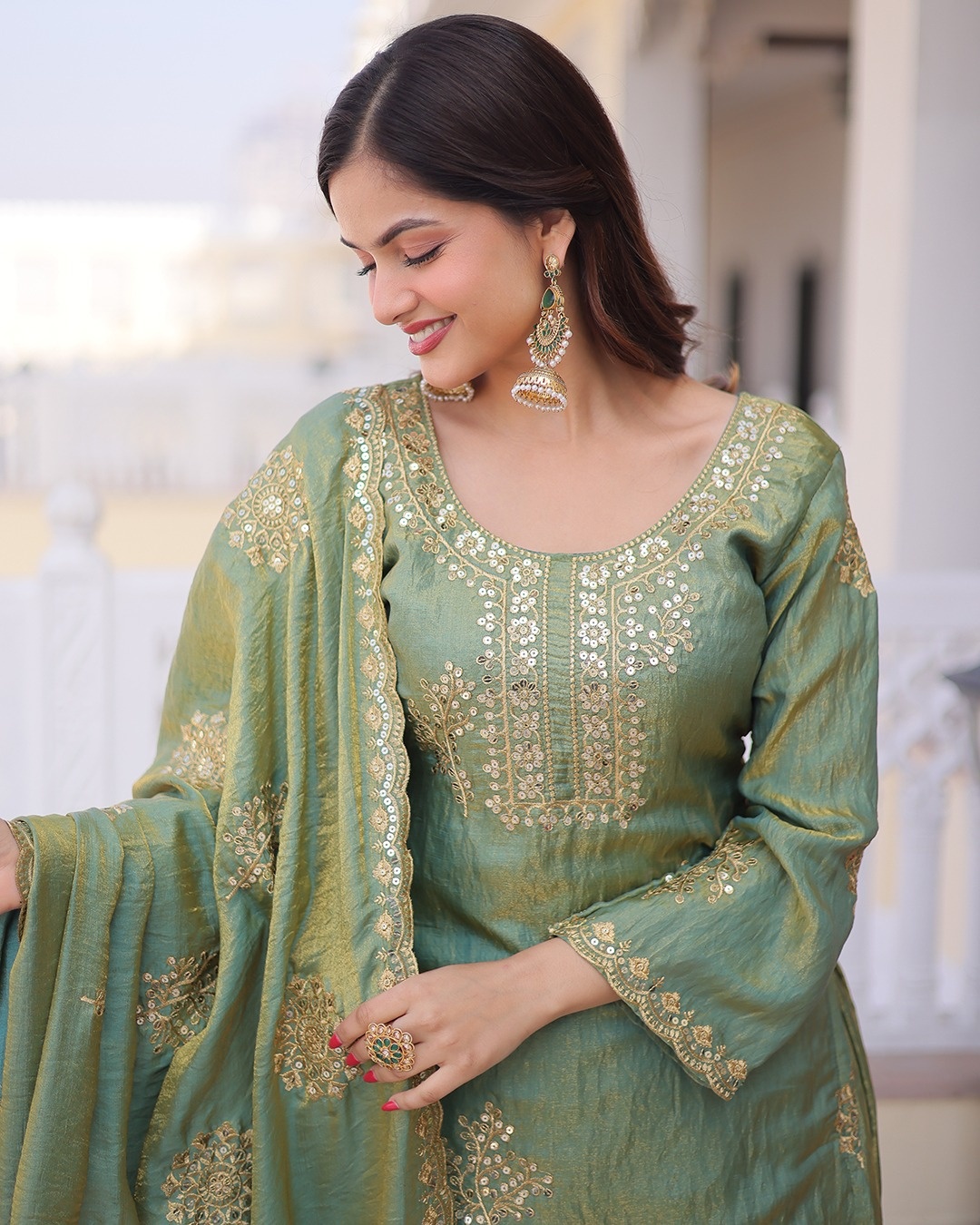 Pista Embroidered Vichitra Kurta Set