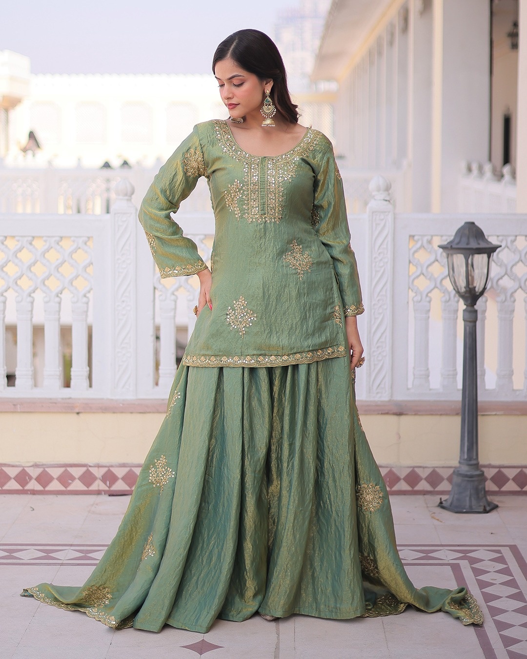 Pista Embroidered Vichitra Kurta Set