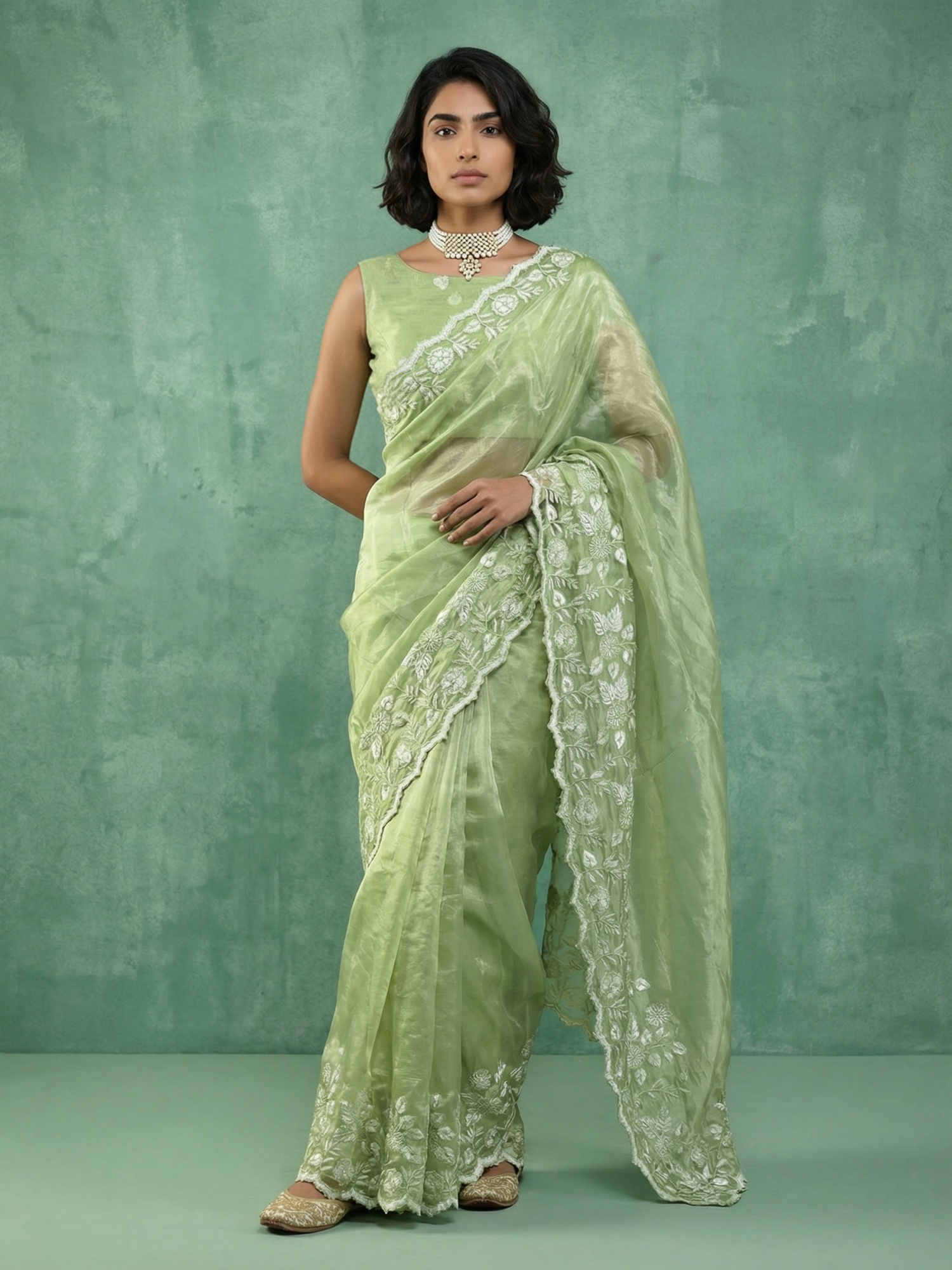 Pista Embroidery Chanda Silk Saree