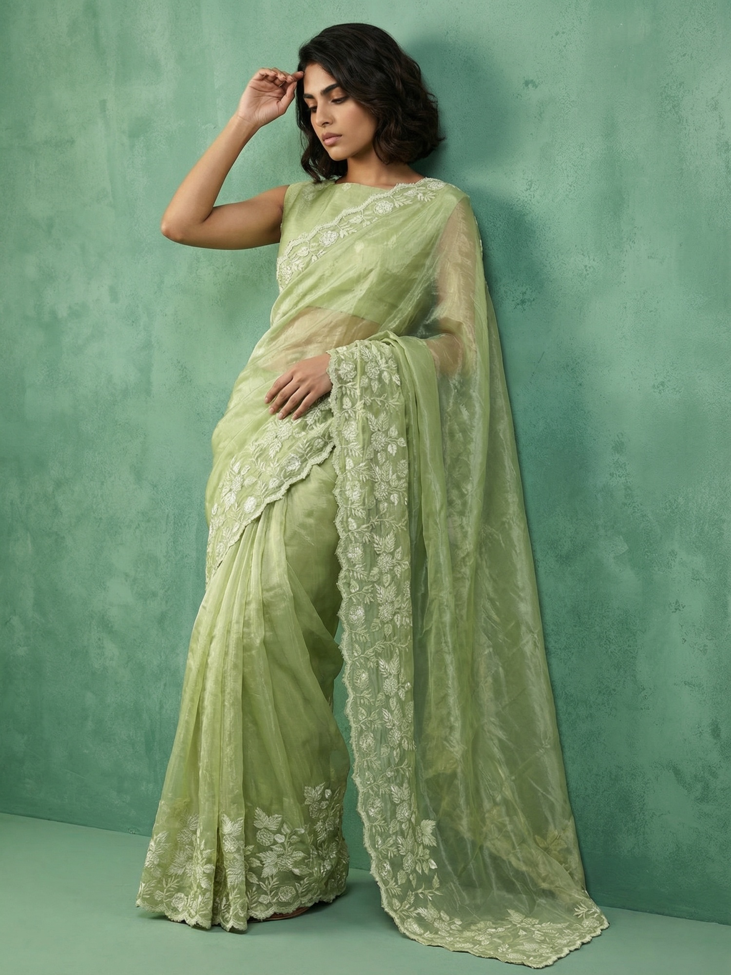 Pista Embroidery Chanda Silk Saree