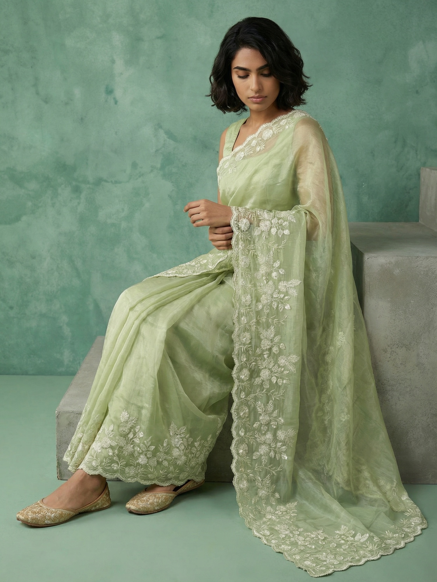 Pista Embroidery Chanda Silk Saree