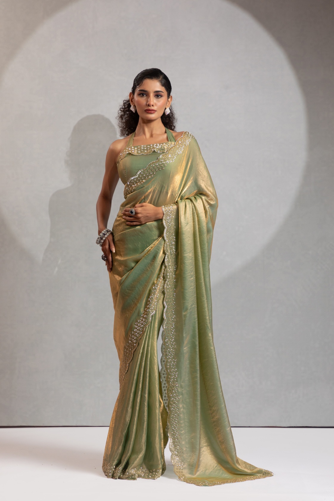 Pista Fendy Silk Two Tone Zircon Work Festive Saree