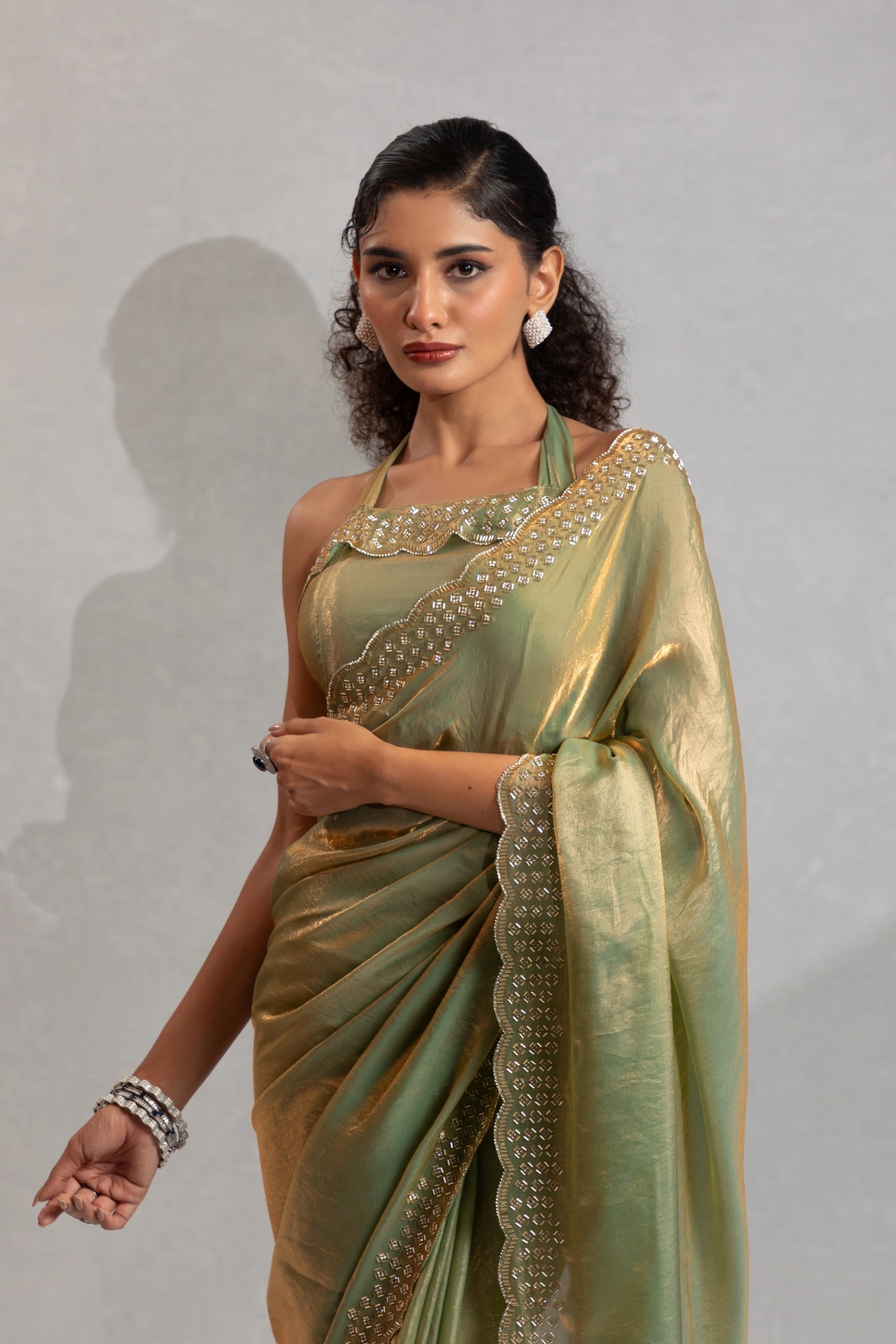Pista Fendy Silk Two Tone Zircon Work Festive Saree