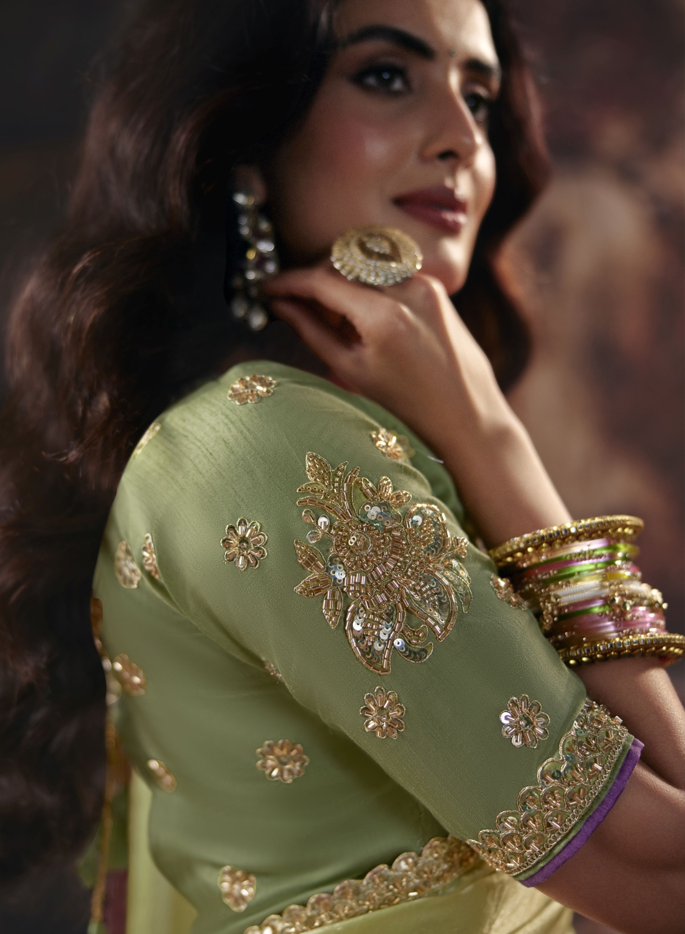 Pista Floral Bead Work Fendy Satin Saree — alternate view