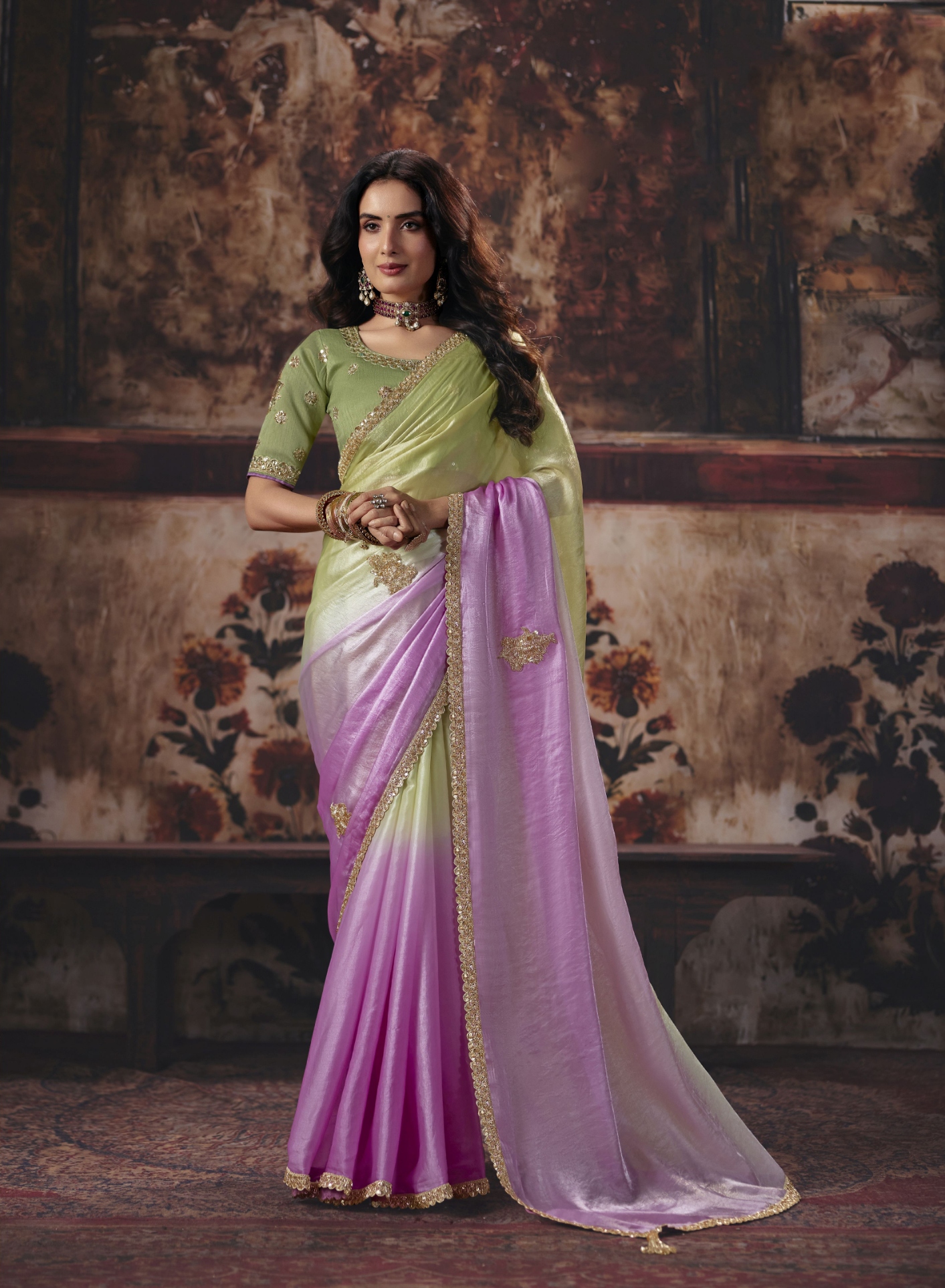 Pista Floral Bead Work Fendy Satin Saree