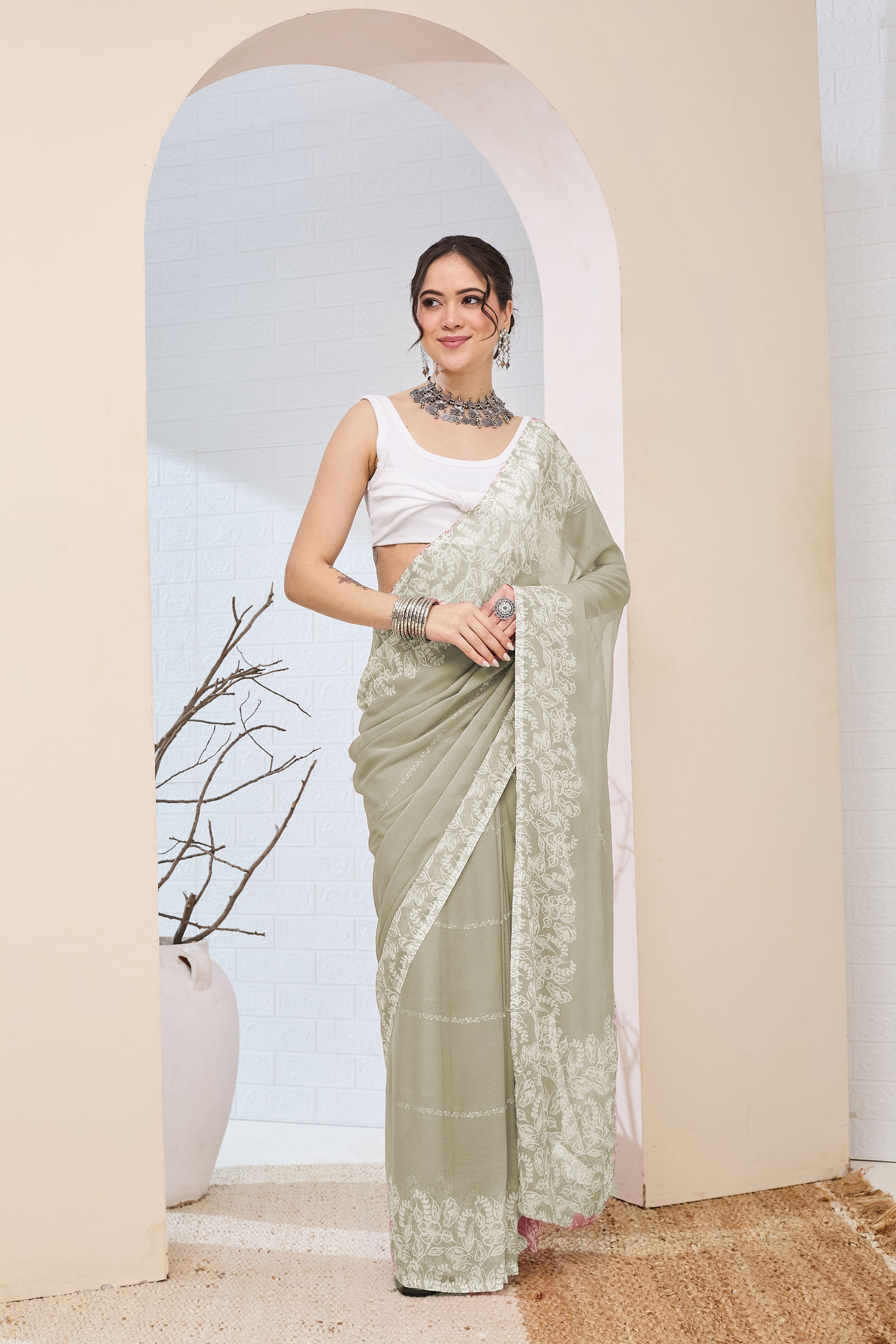 Pista Floral Border Chiffon Ready To Wear Saree