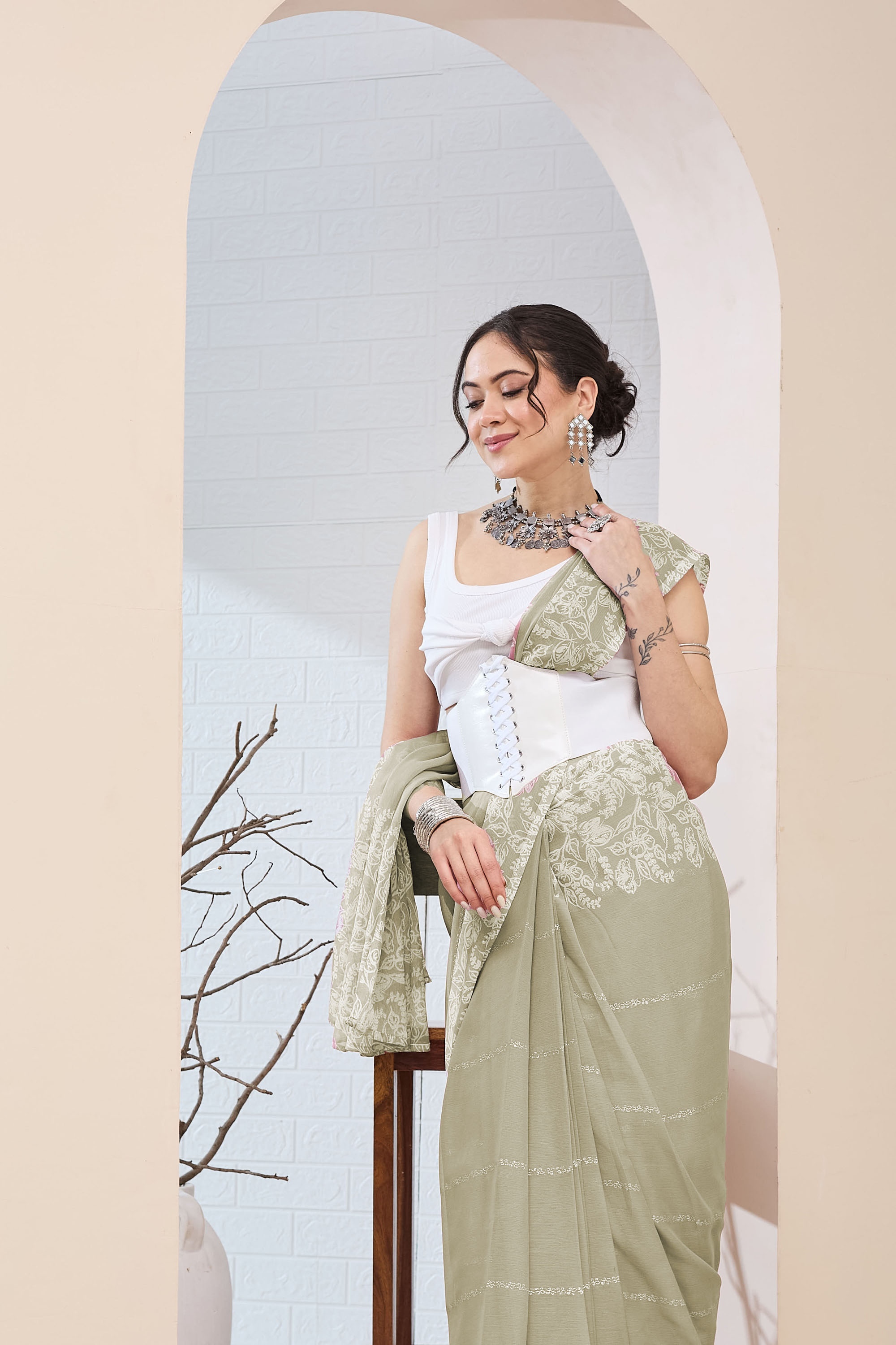 Pista Floral Border Chiffon Ready To Wear Saree
