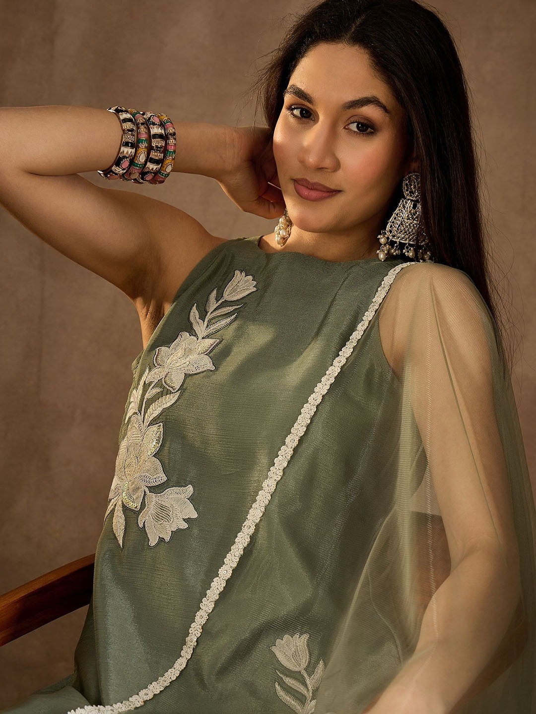 Pista Floral Designer Embroidery Chinon Palazzo Suit