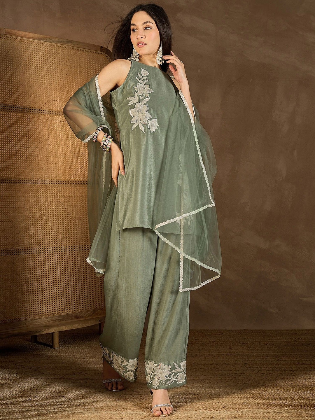 Pista Floral Designer Embroidery Chinon Palazzo Suit