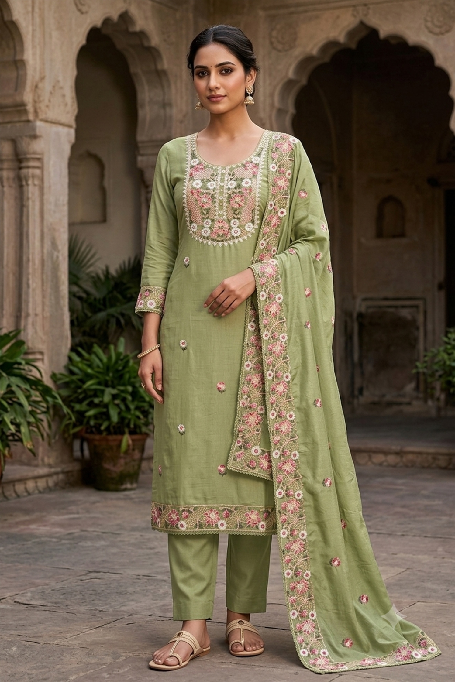 Pista Floral Embroidered Cotton Straight Suit