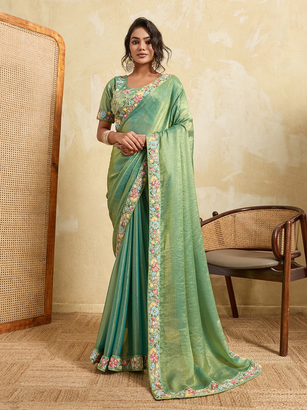 Pista Floral Embroidered Fendy Chiffon Festive Saree
