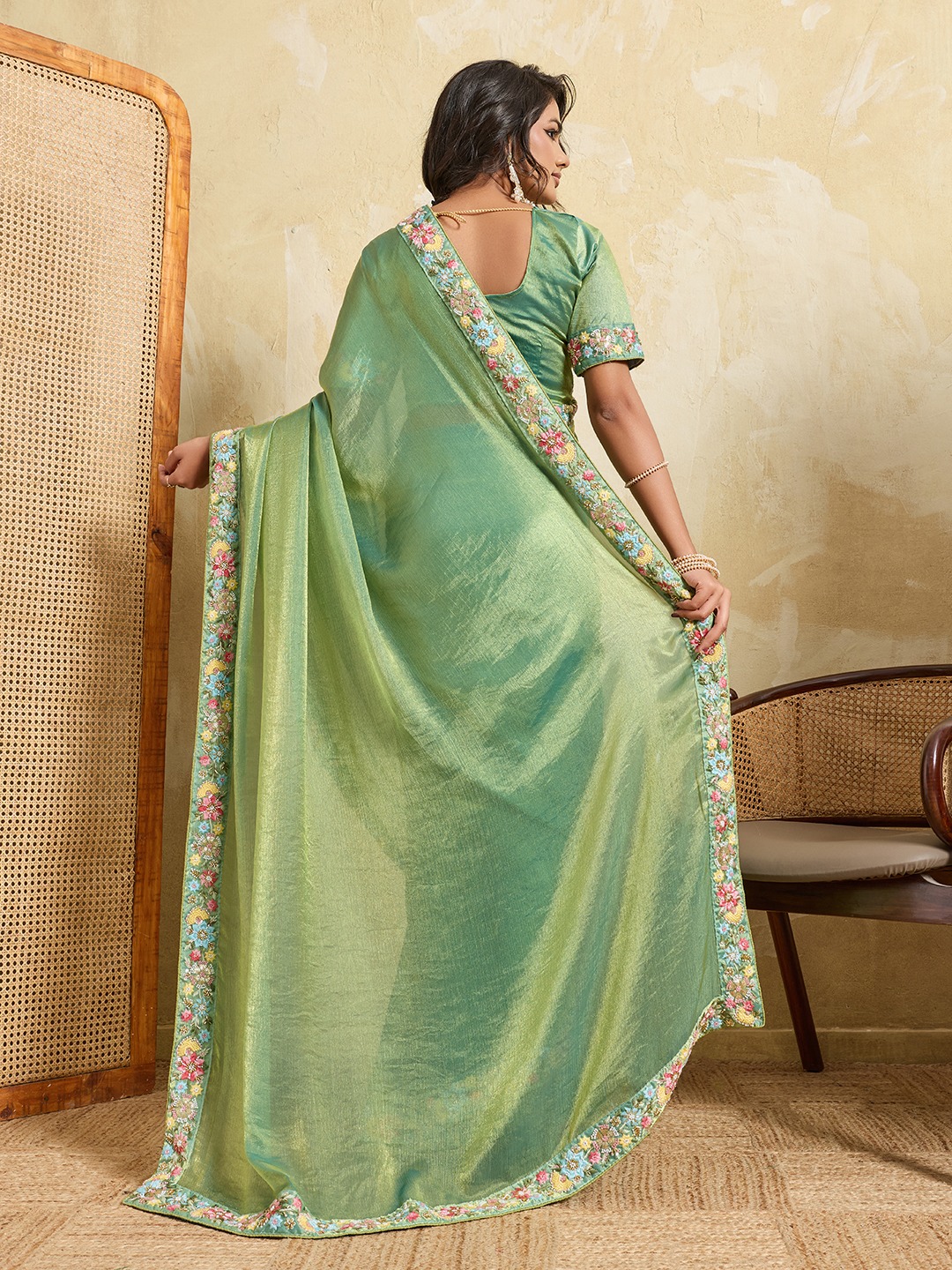 Pista Floral Embroidered Fendy Chiffon Festive Saree — alternate view