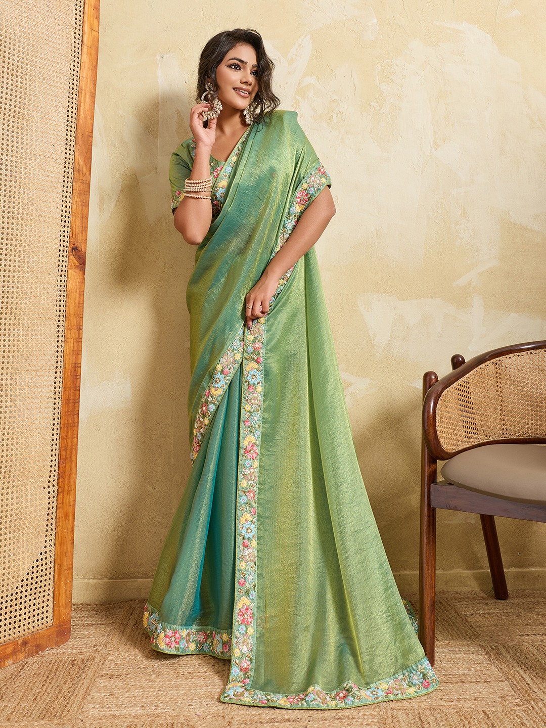 Pista Floral Embroidered Fendy Chiffon Festive Saree