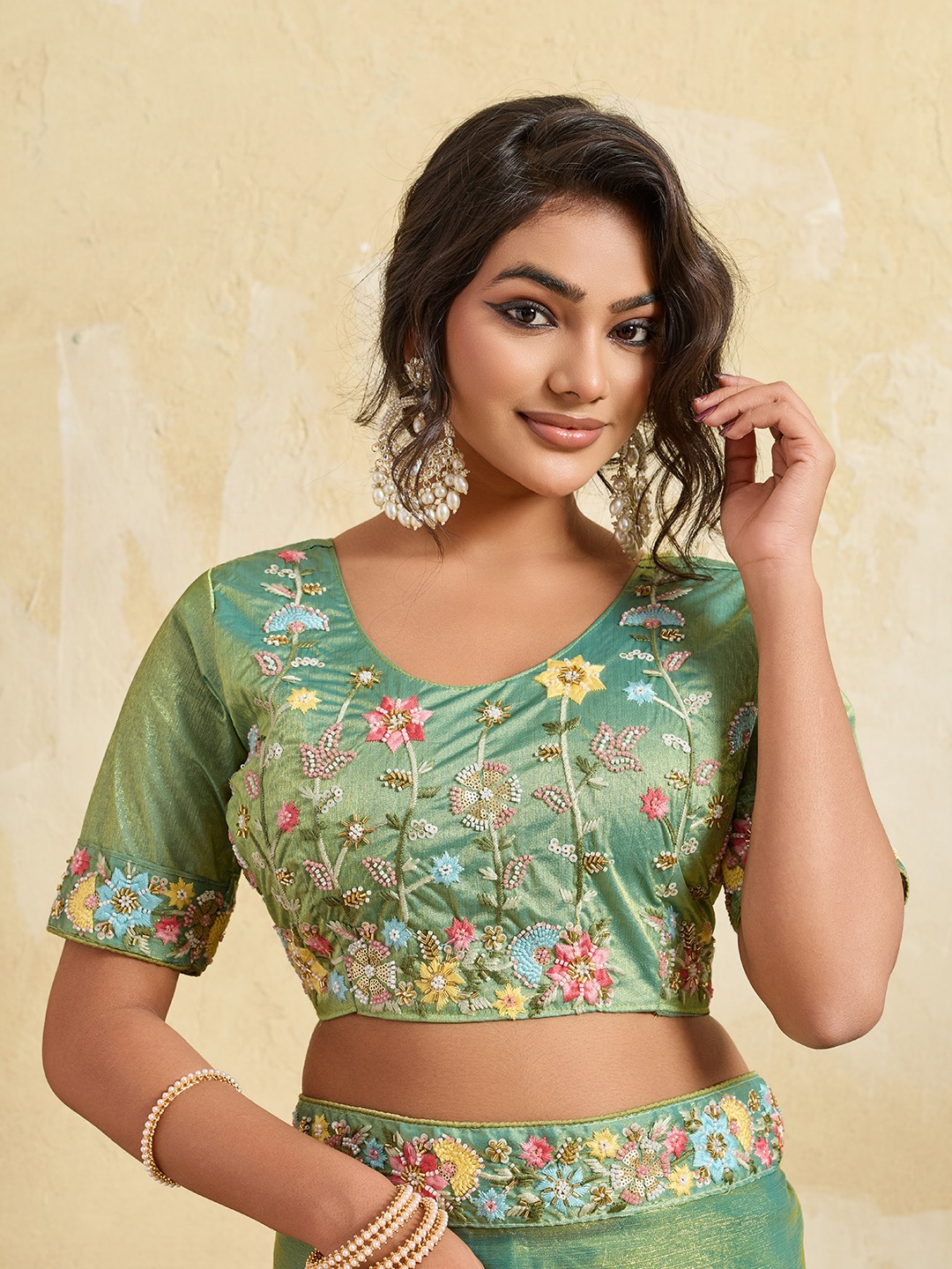 Pista Floral Embroidered Fendy Chiffon Festive Saree
