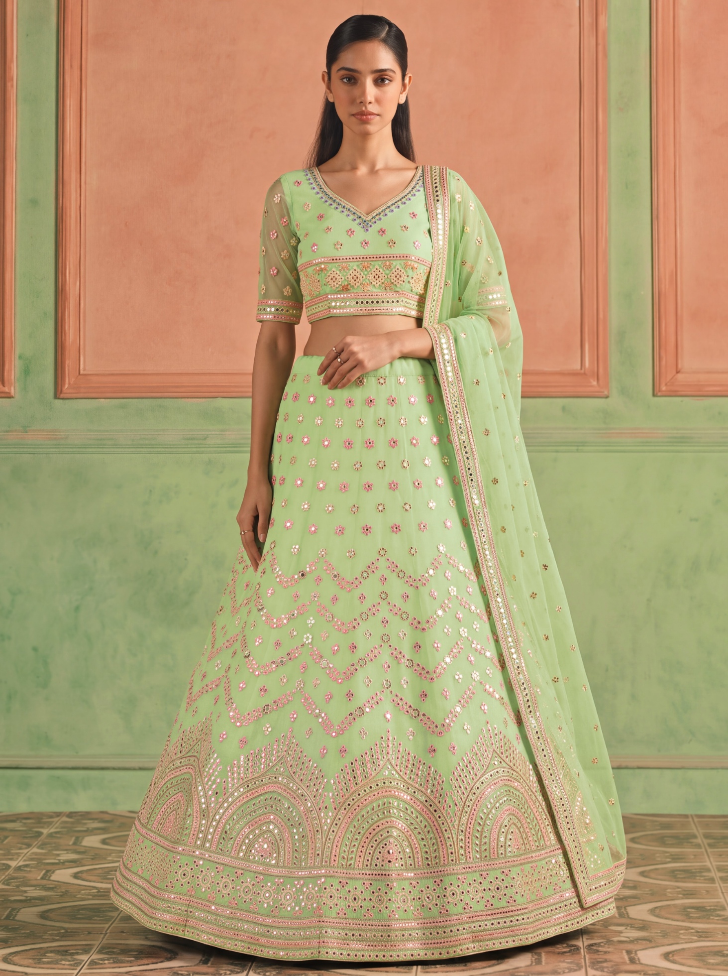 Pista Floral Embroidered Organza Lehenga Choli