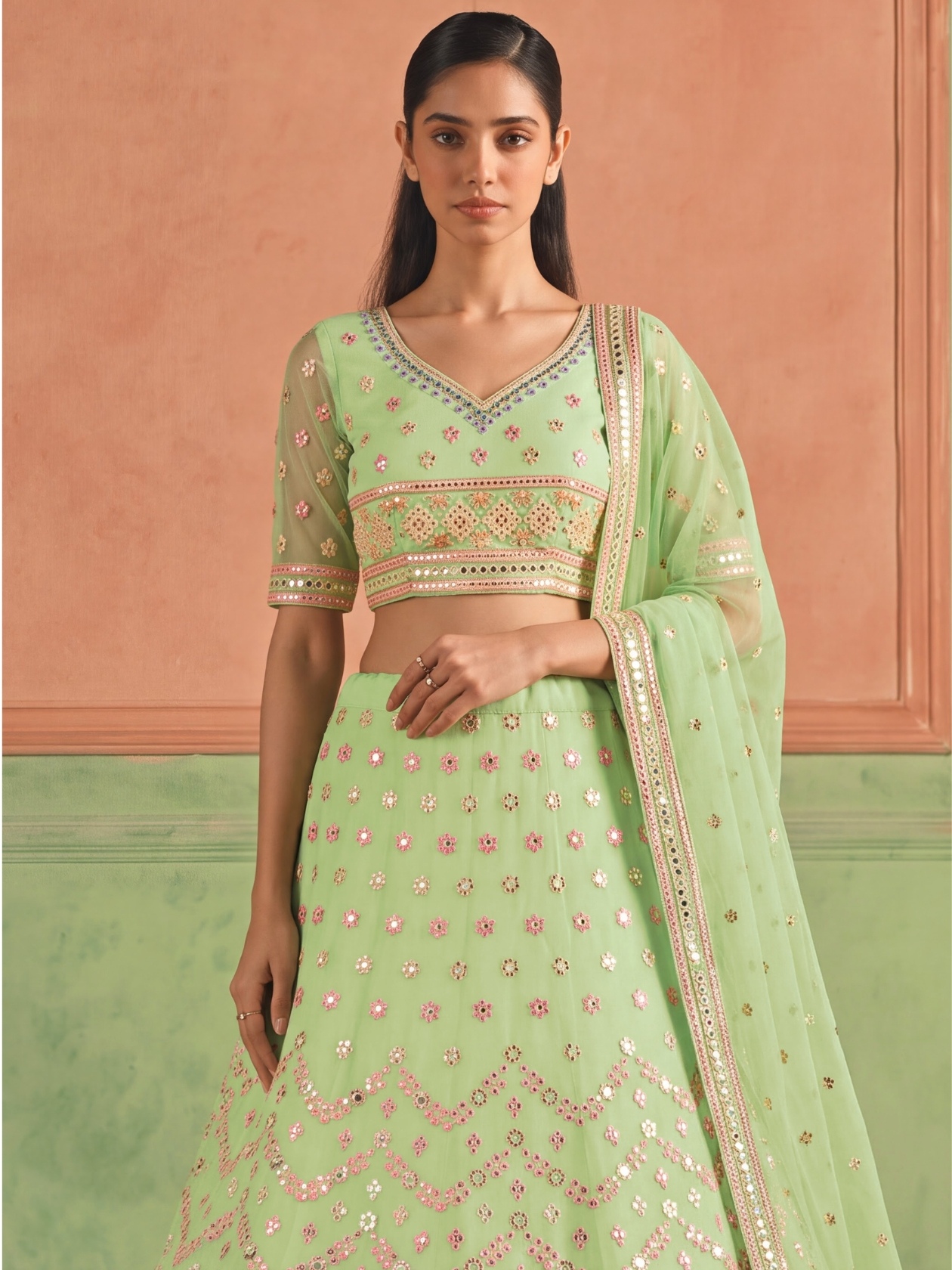 Pista Floral Embroidered Organza Lehenga Choli