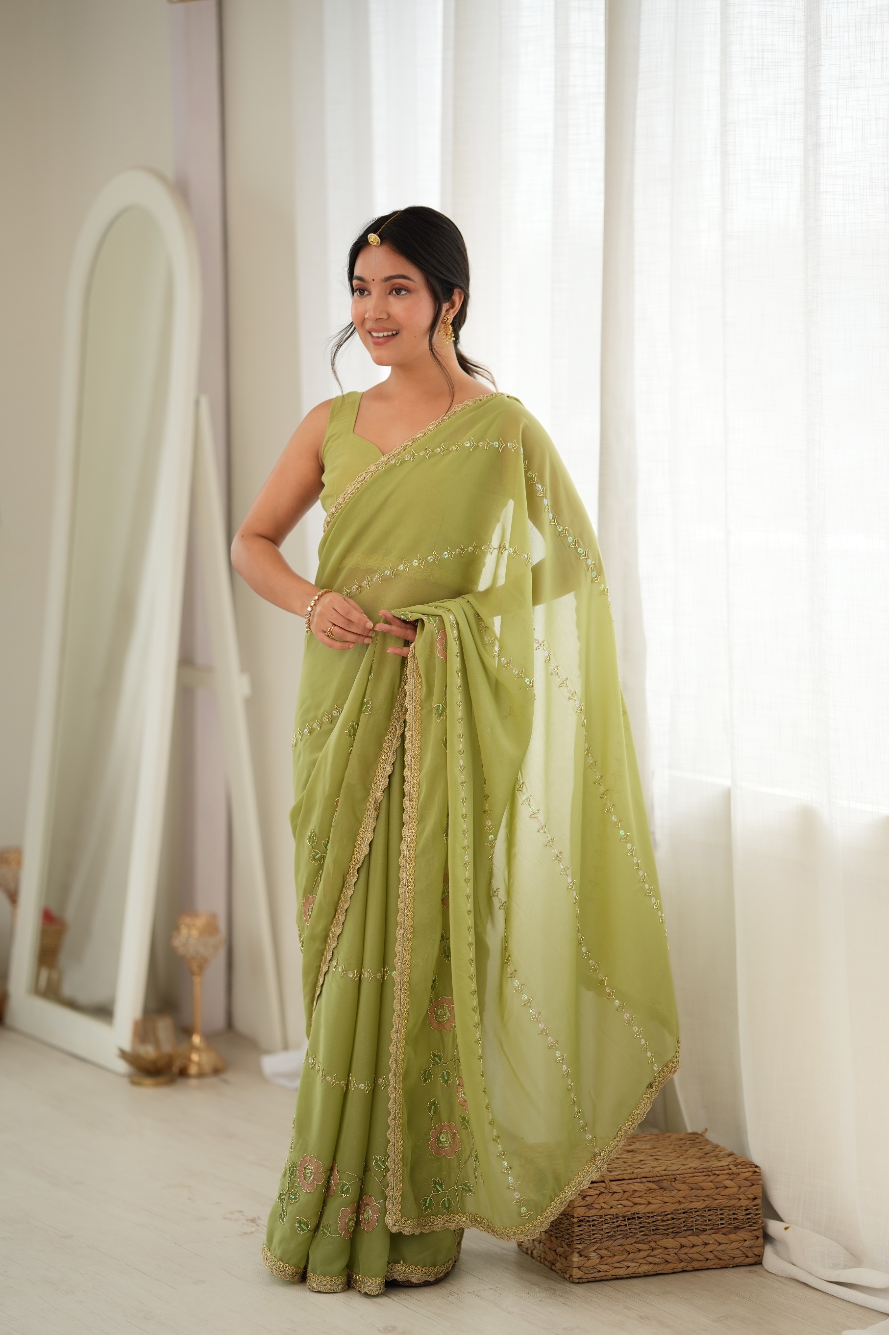 Pista Floral Embroidered Star Georgette Saree
