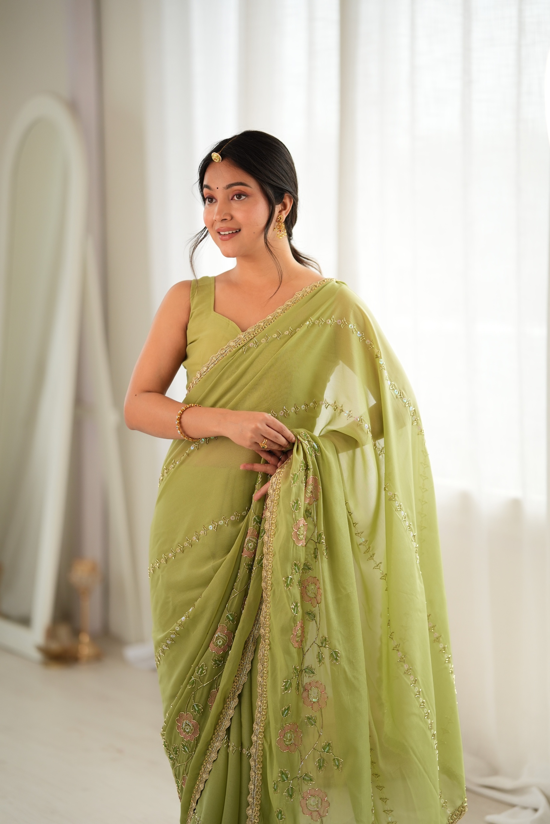 Pista Floral Embroidered Star Georgette Saree