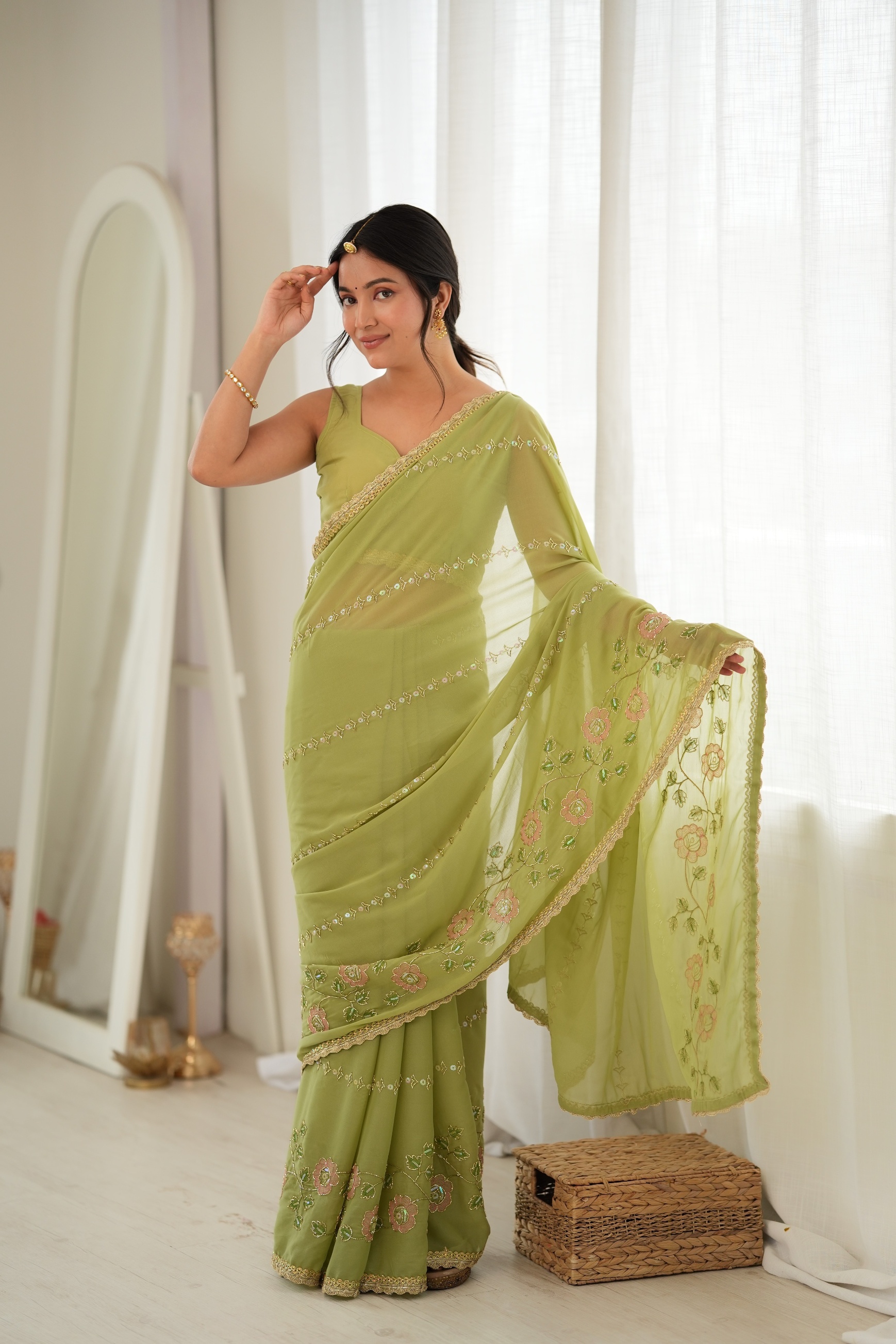 Pista Floral Embroidered Star Georgette Saree
