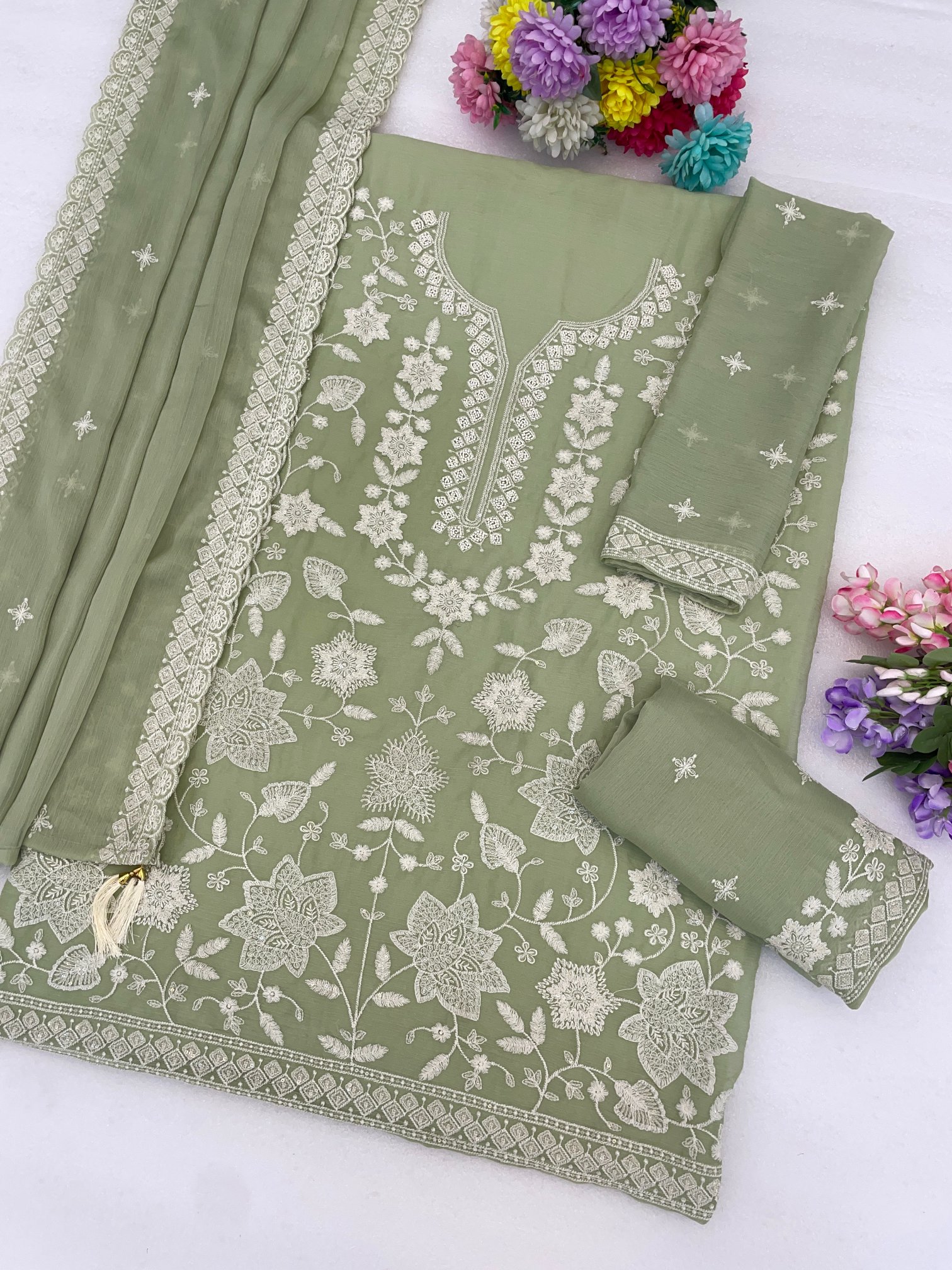 Pista Floral Embroidery Georgette Sharara Suit