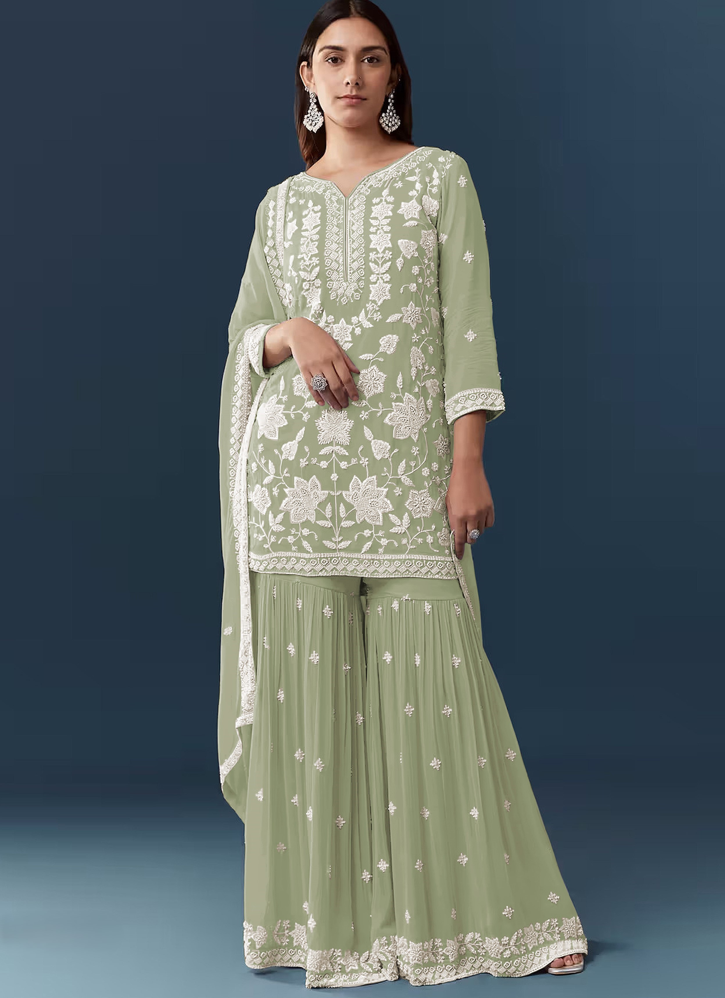 Pista Floral Embroidery Georgette Sharara Suit