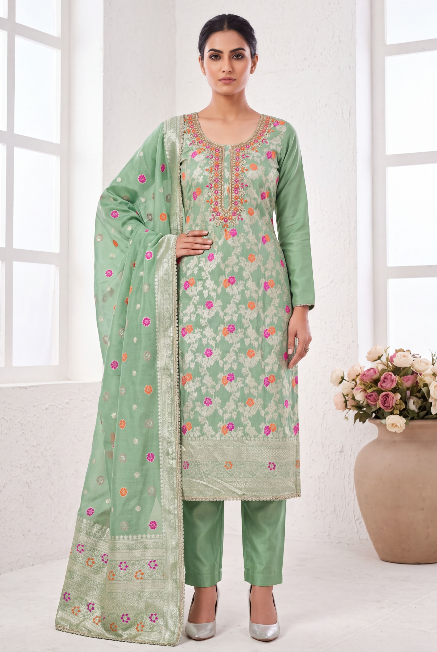 Pista Floral Handwork Banarasi Cotton Straight Suit