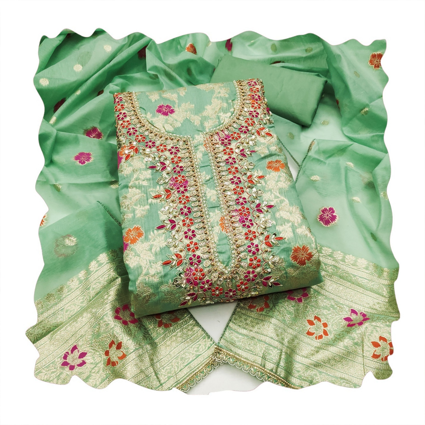 Pista Floral Handwork Banarasi Cotton Straight Suit — alternate view