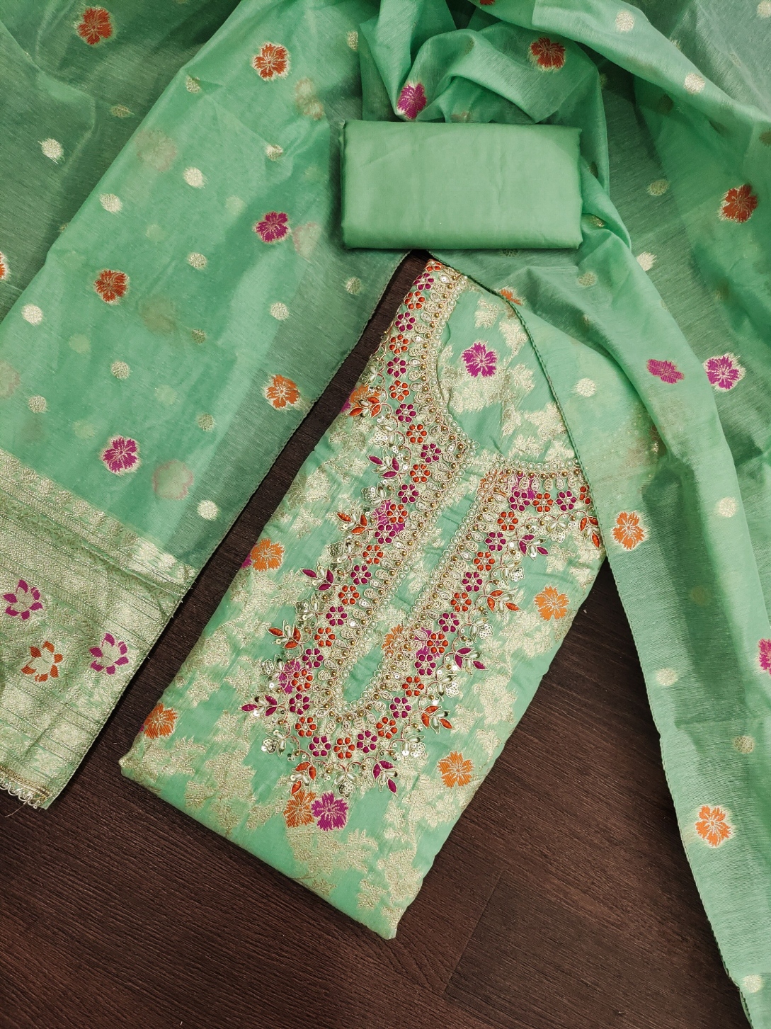 Pista Floral Handwork Banarasi Cotton Straight Suit